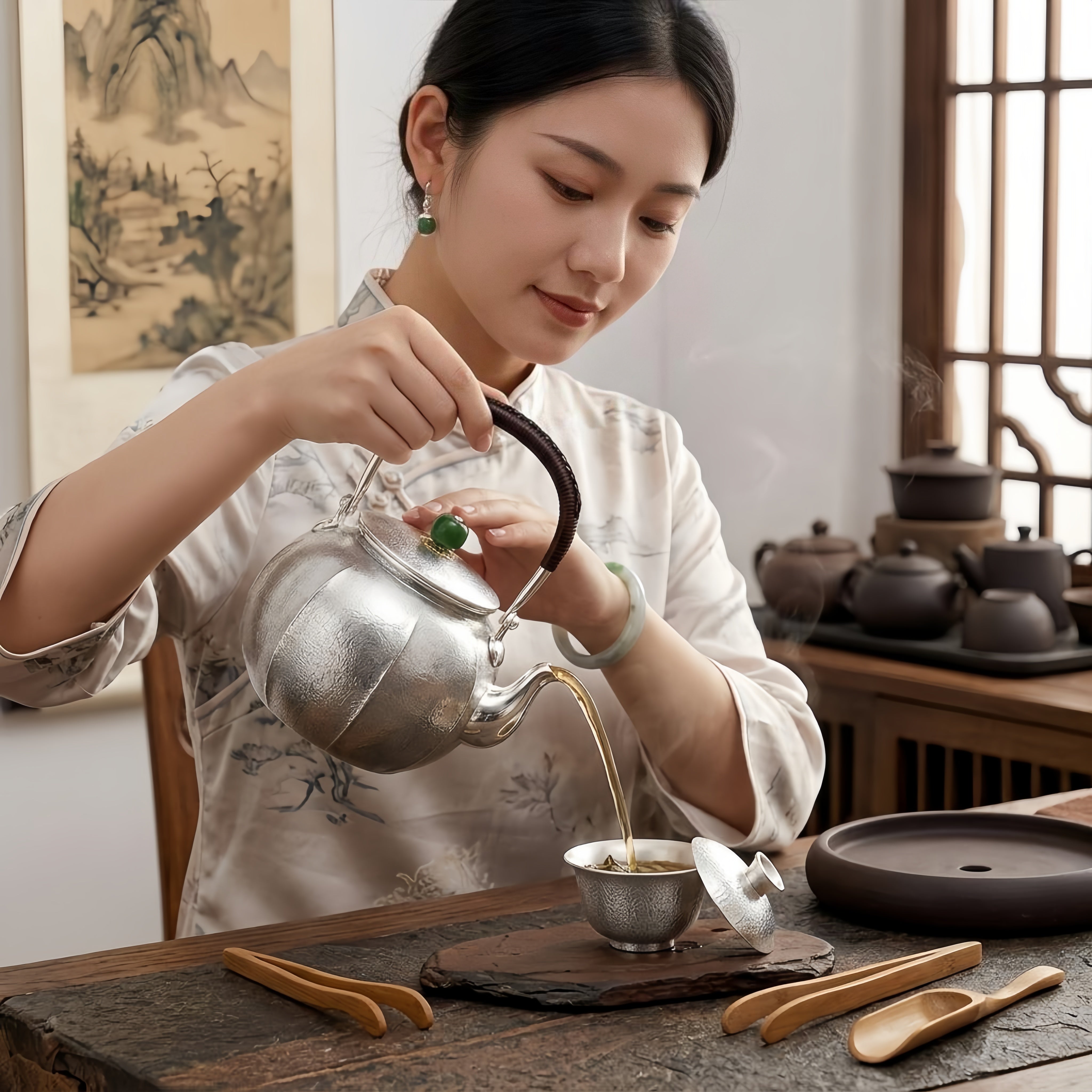 Pure 999 Fine Silver Handcrafted Hammered Silver Teapot with Jade Finial and Rattan Handle - Handicraft