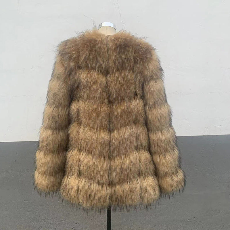 Coat Womens Faux Raccoon Patchwork Synthetic Fur Overcoat