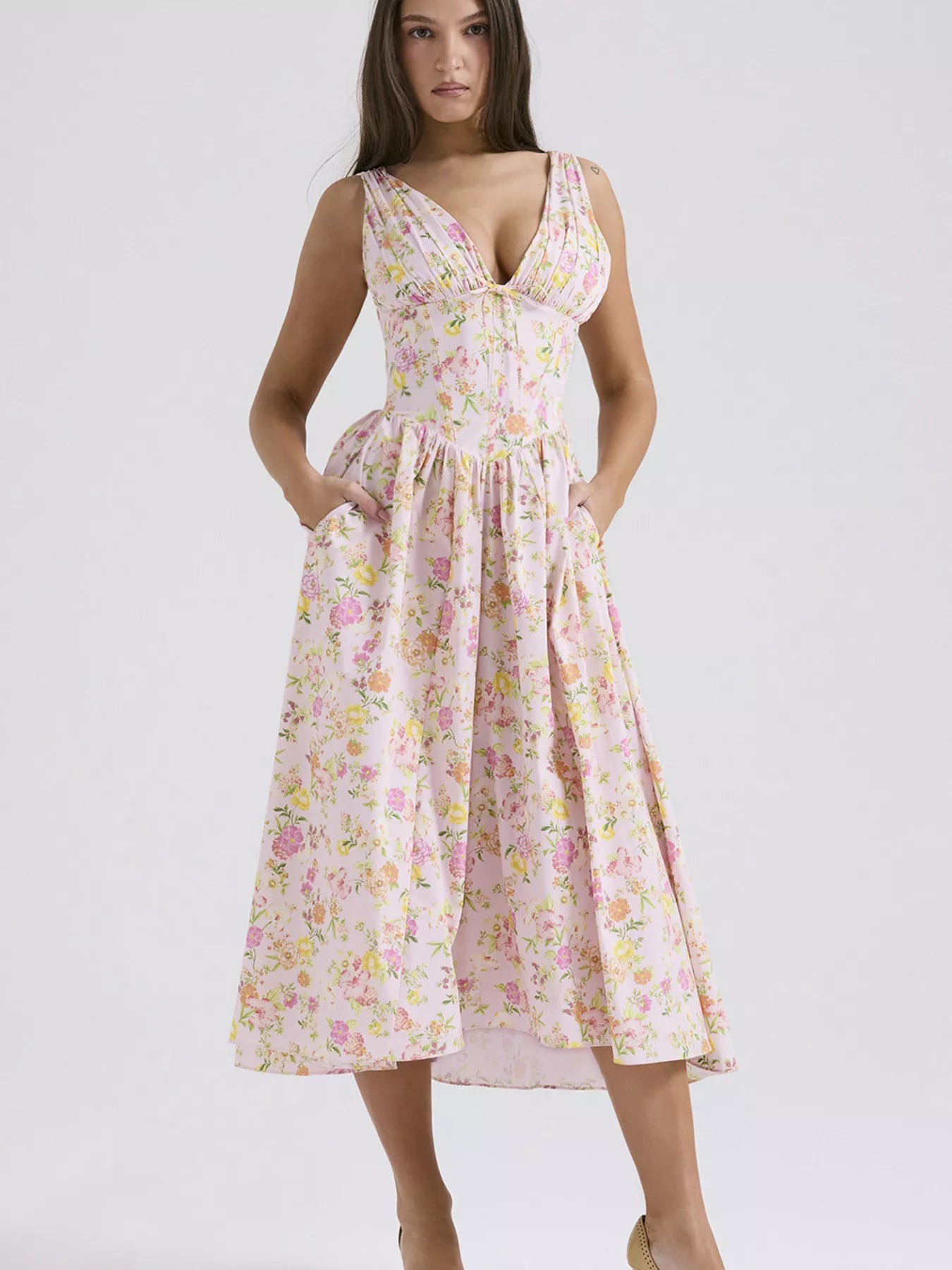 V-Neck Sleeveless Midi Dress