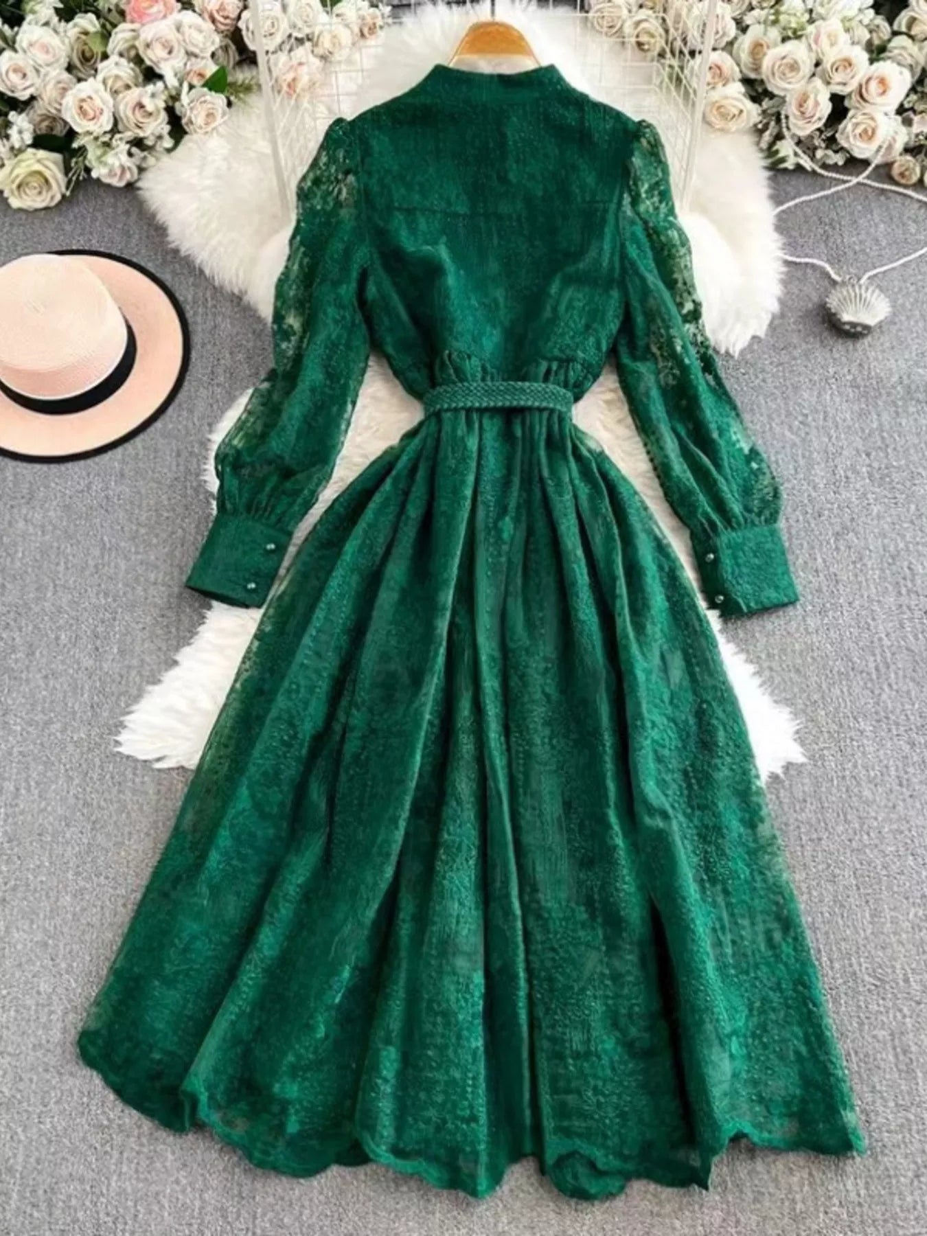 Lace Tie Waist Long Sleeve Dress
