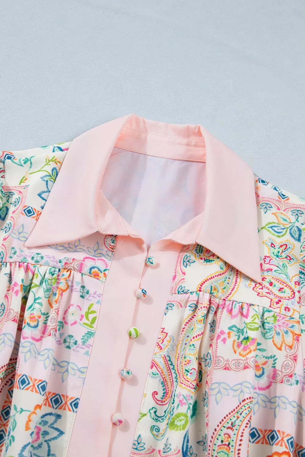 Floral Print Color Block Trim Half Button Belted Mini Dress