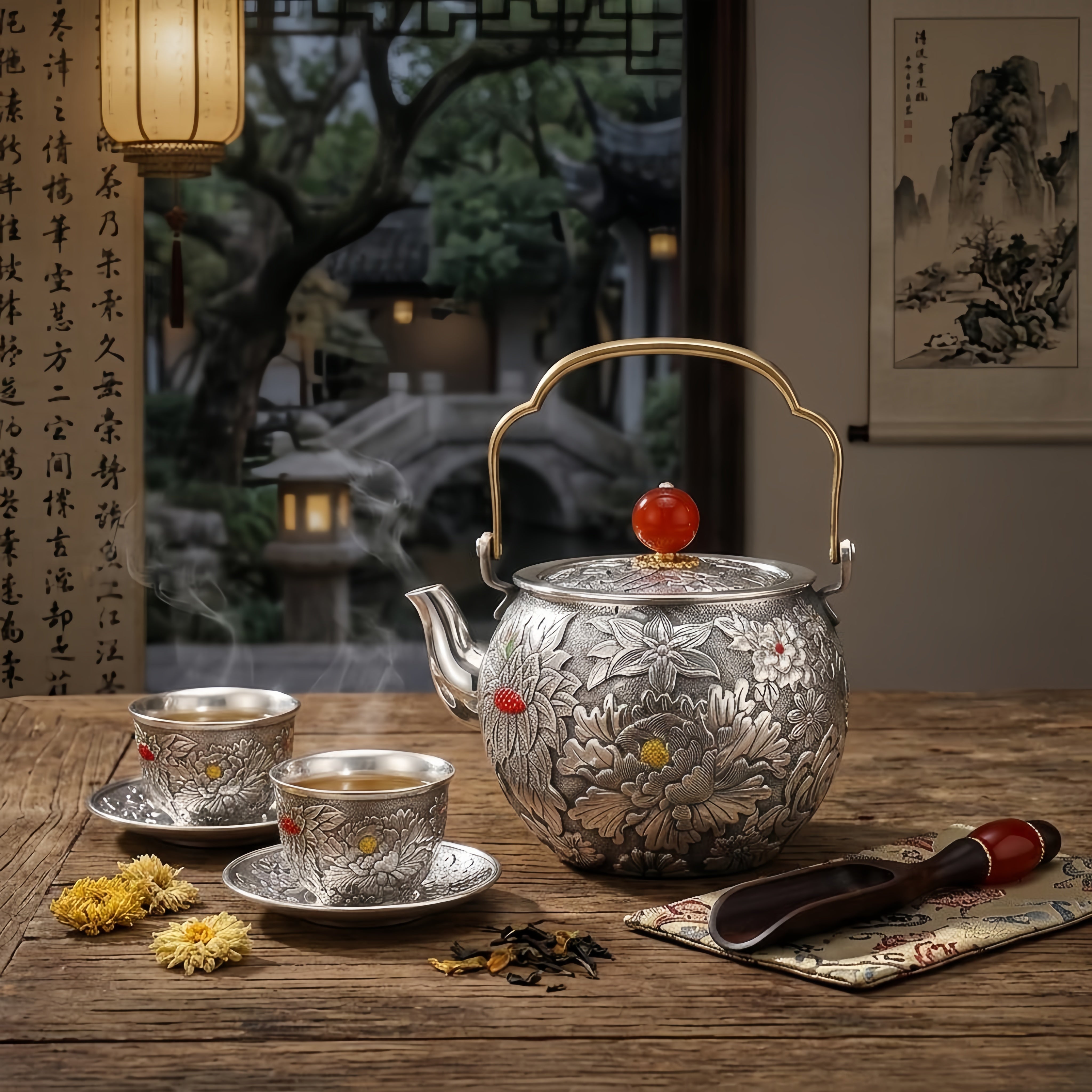 Pure 999 Fine Silver Ornate Handcrafted Silver Tea Kettle Featuring Detailed Floral Engravings and Red Gemstone Lid - Handicraft