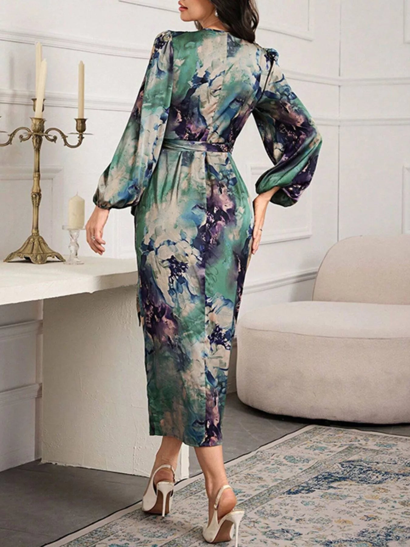 Printed Tie Waist Balloon Sleeve Dress