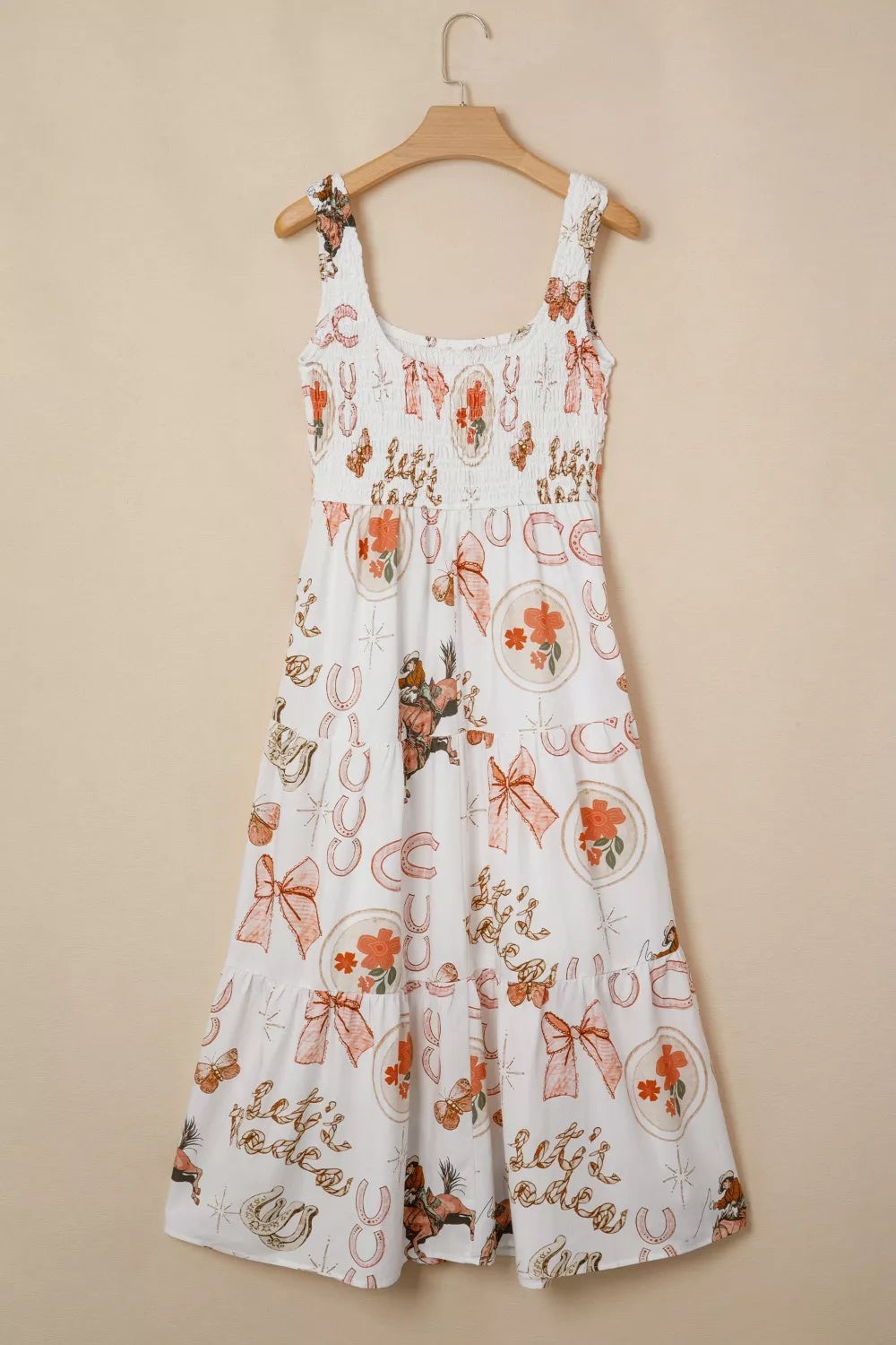 Western Horseshoe Print U-Neck Sleeveless Midi Dress