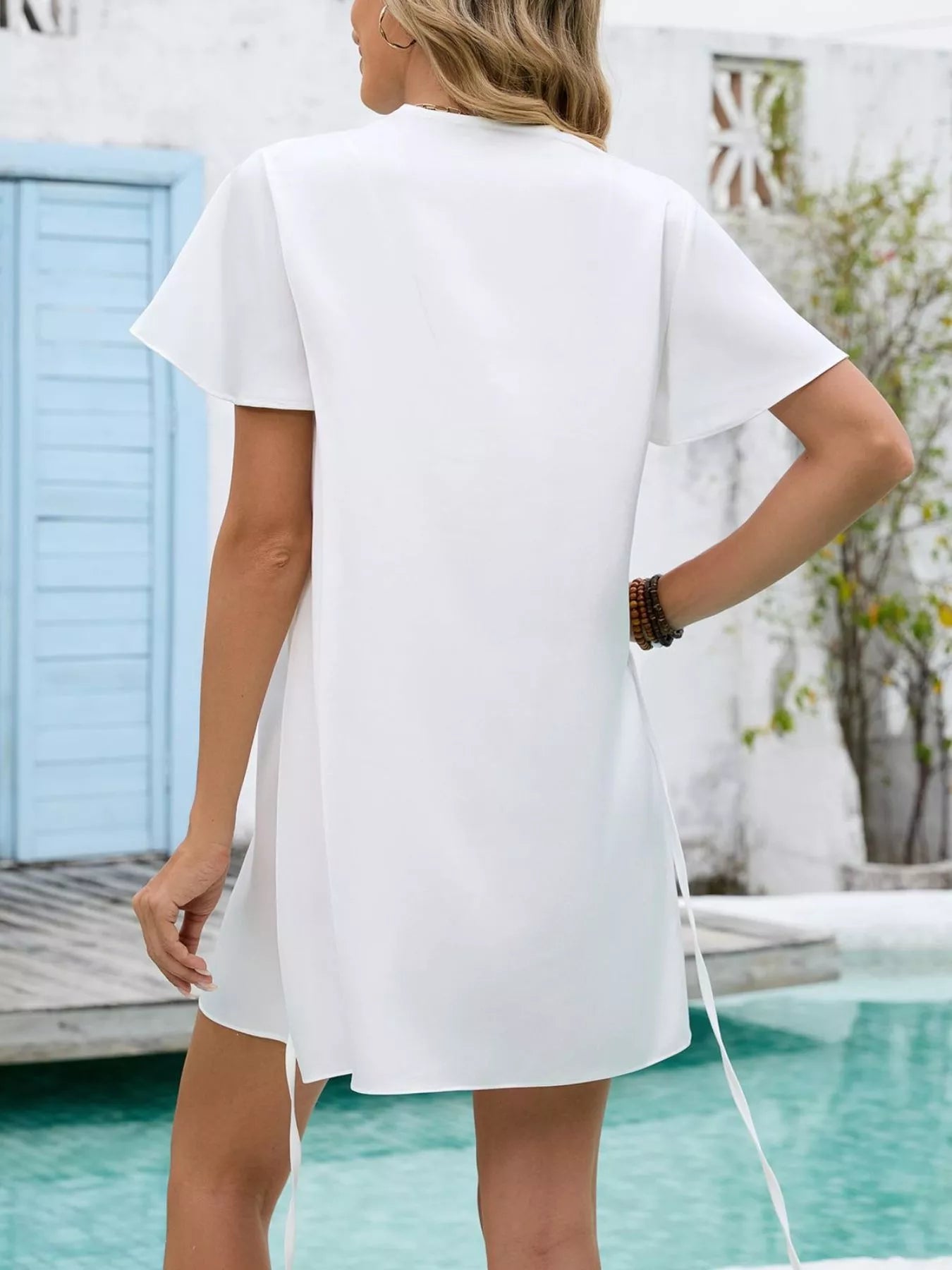 Notched Flutter Sleeve Mini Dress