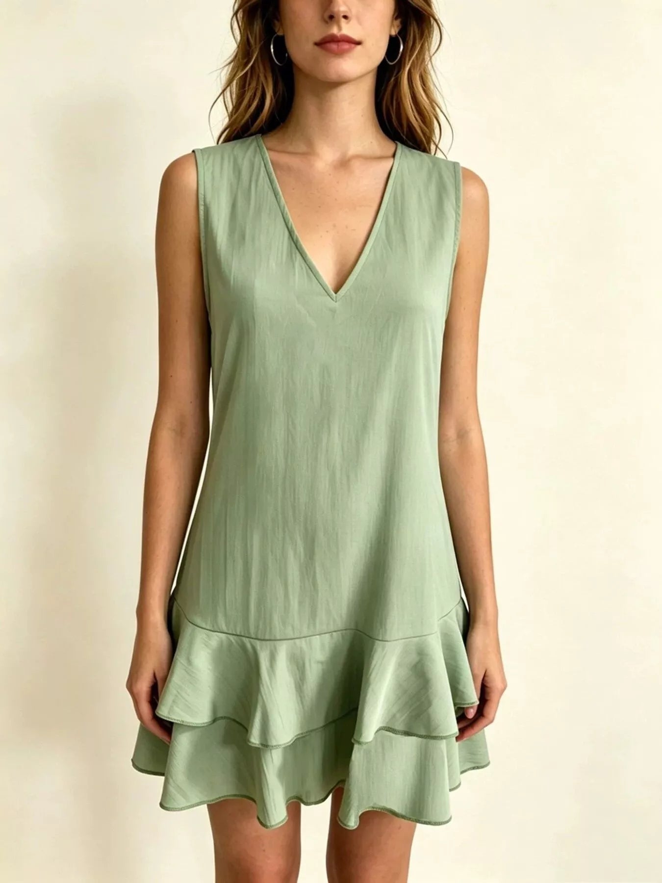 Full Size Sleeveless V-Neck Tiered Ruffle Mini Dress Plus Size