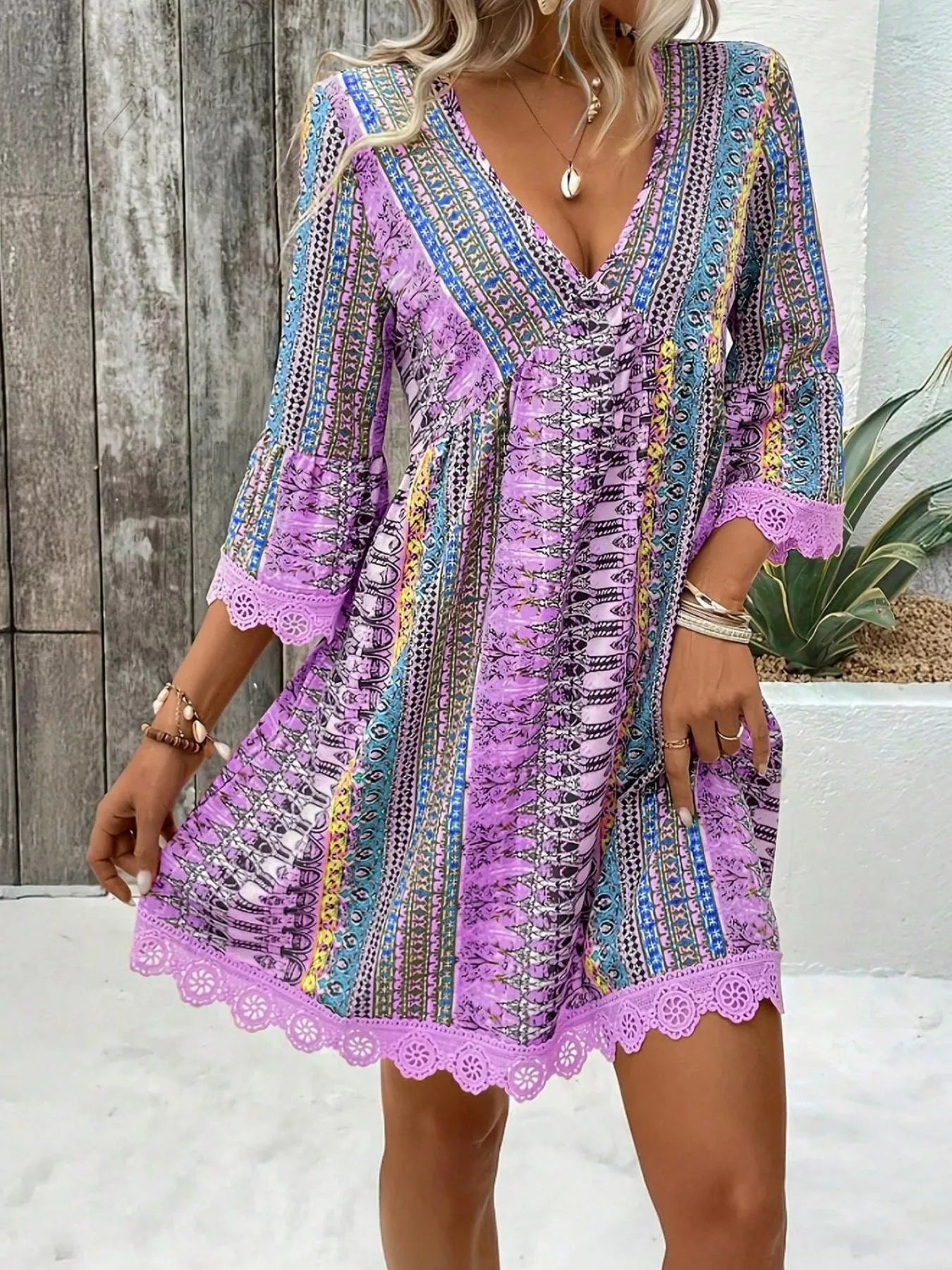 Printed V-Neck A-Line Dress