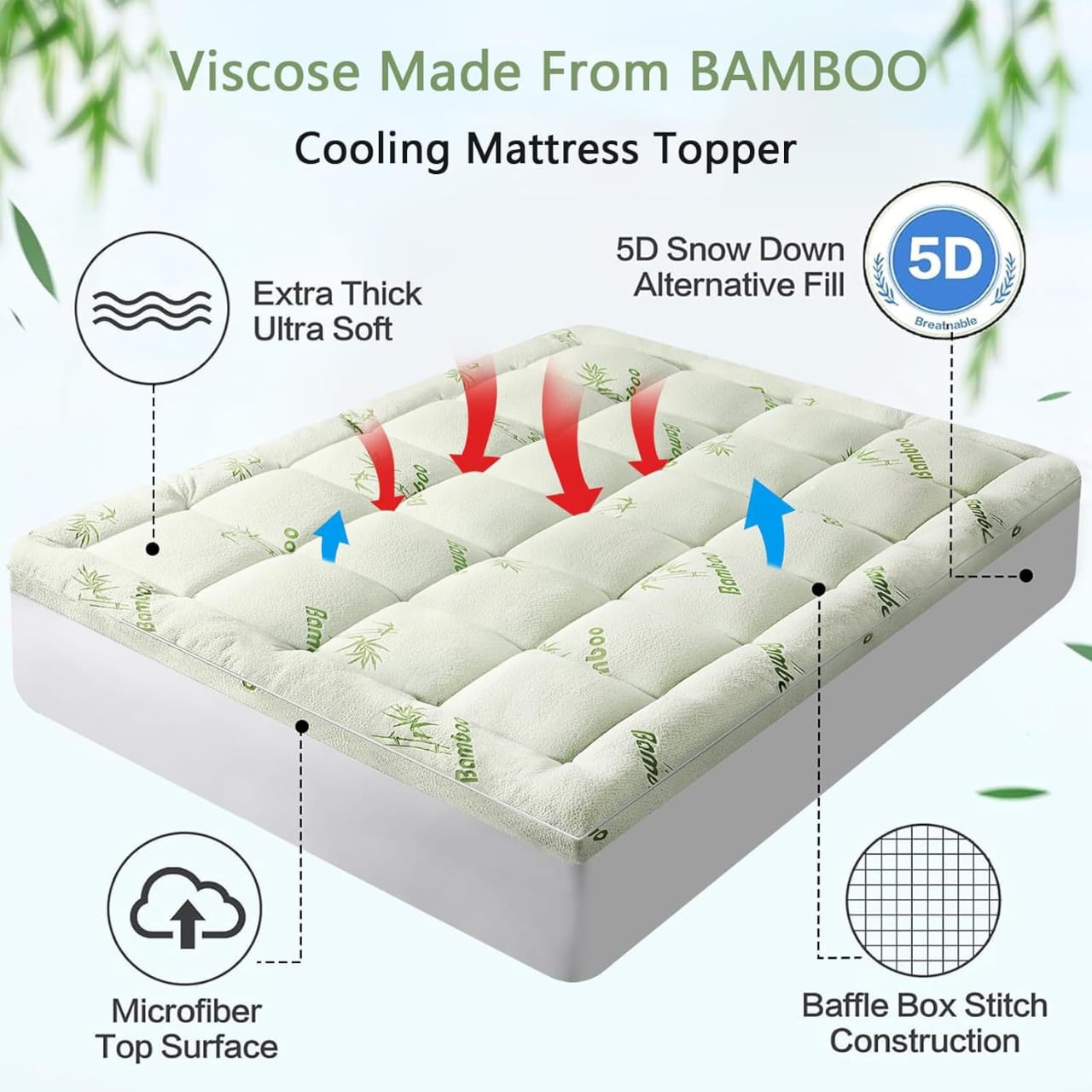 Bamboo Mattress Topper – Cooling, Extra Thick & Soft Quilted Cover for Back Pain Relief