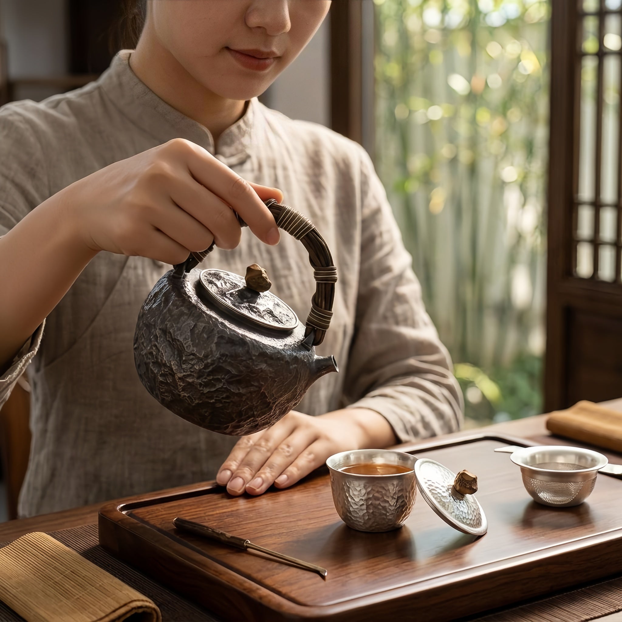Pure 999 Fine Silver Hammered Metal Teapot with Woven Bamboo Handle and Stone Knob-Fine large teapot - Handicraft
