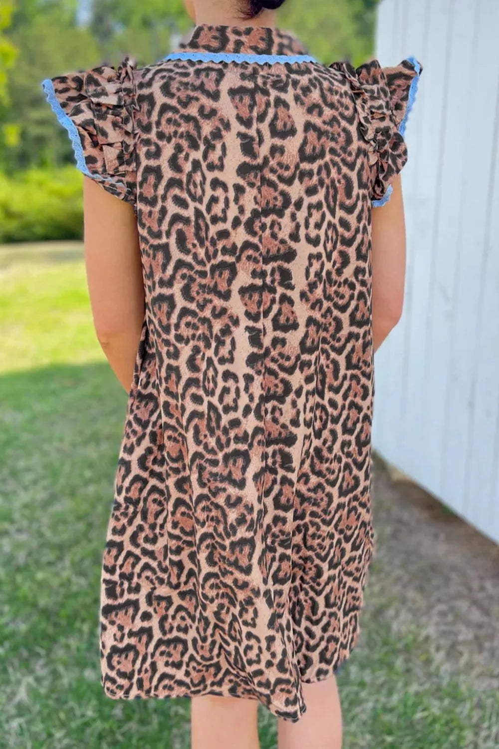 Leopard Print Lace Trim Shirt Collar Button Down Loose Mini Dress