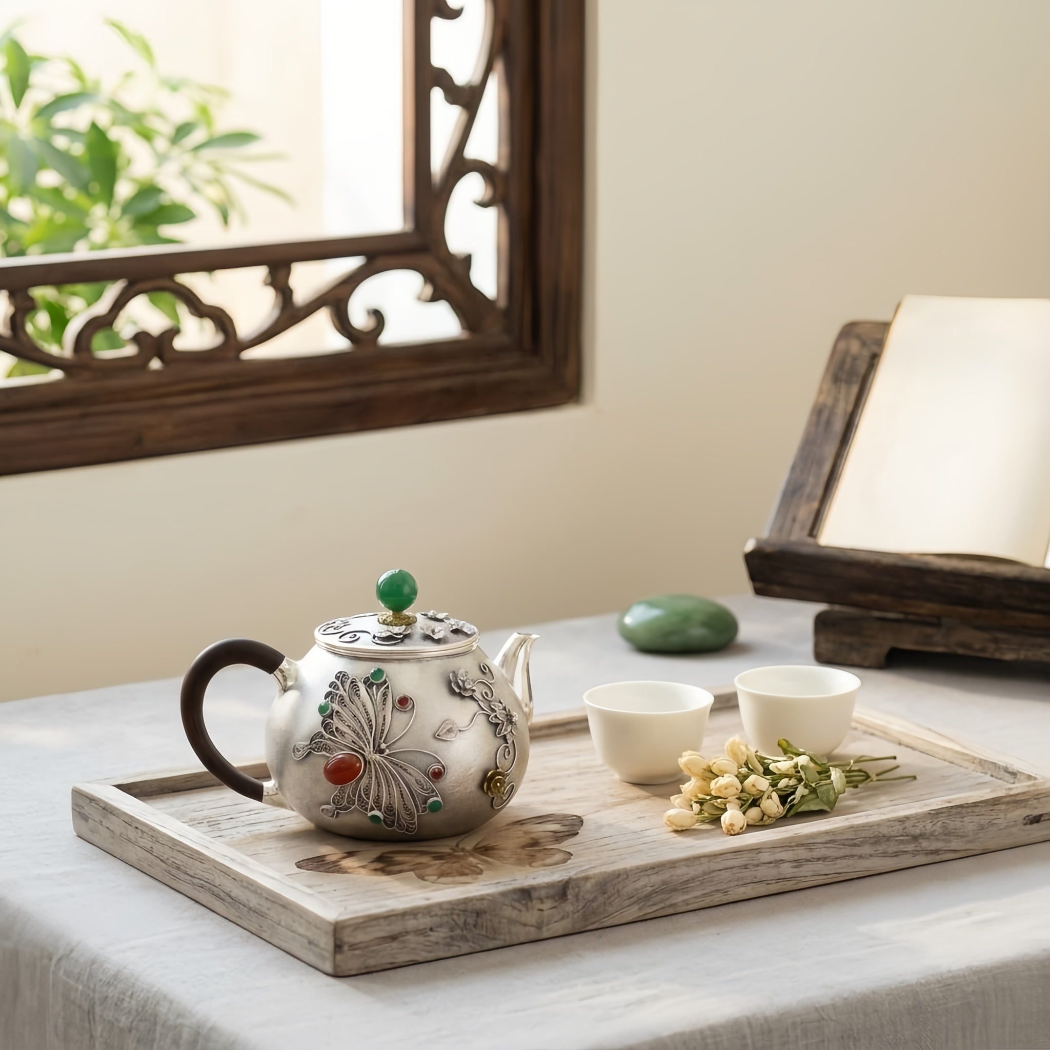 Pure 999 Fine Silver Silver Filigree Teapot with Butterfly Motif and Vibrant Gemstone Embellishments - Handicraft