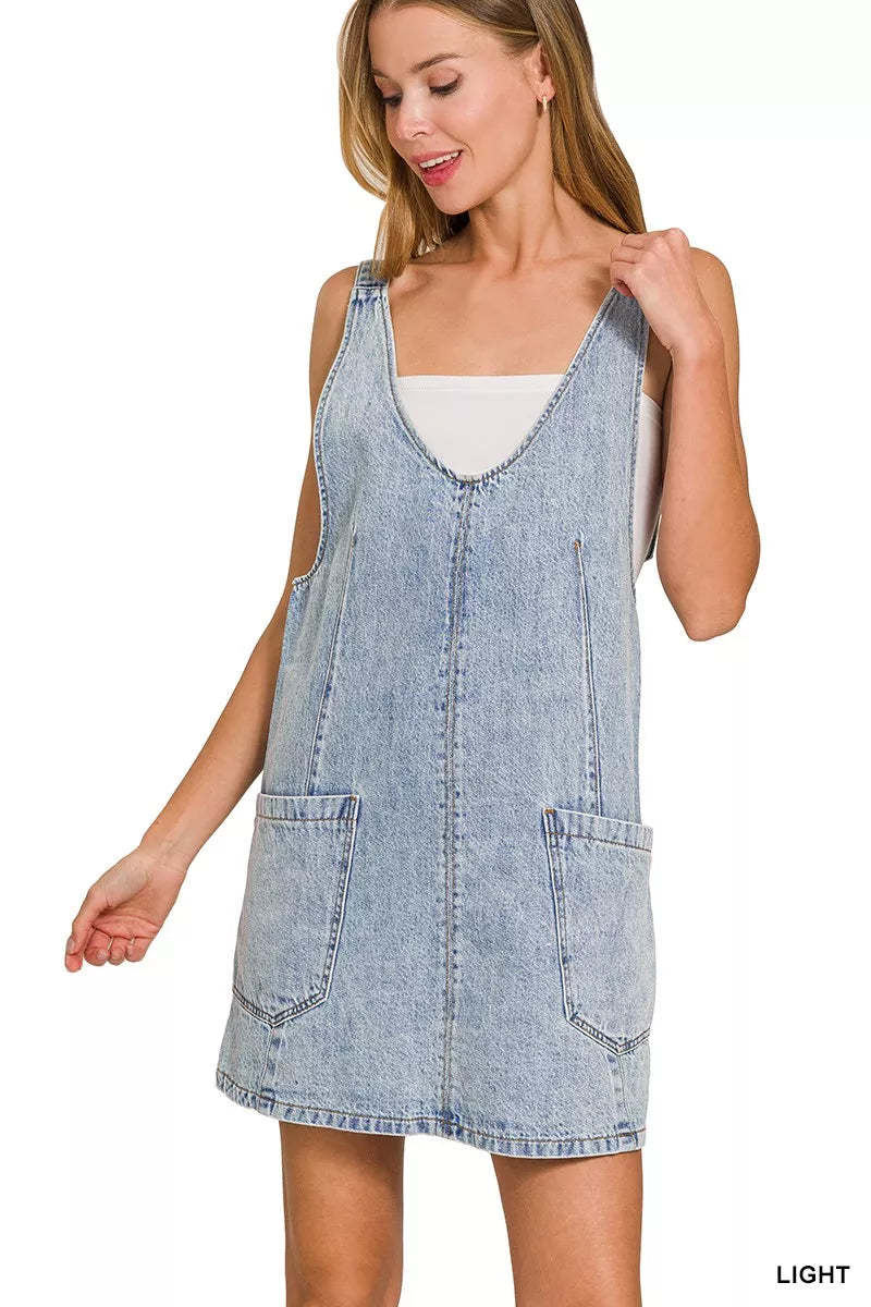 Zenana Denim Overall Dress with Front Pockets