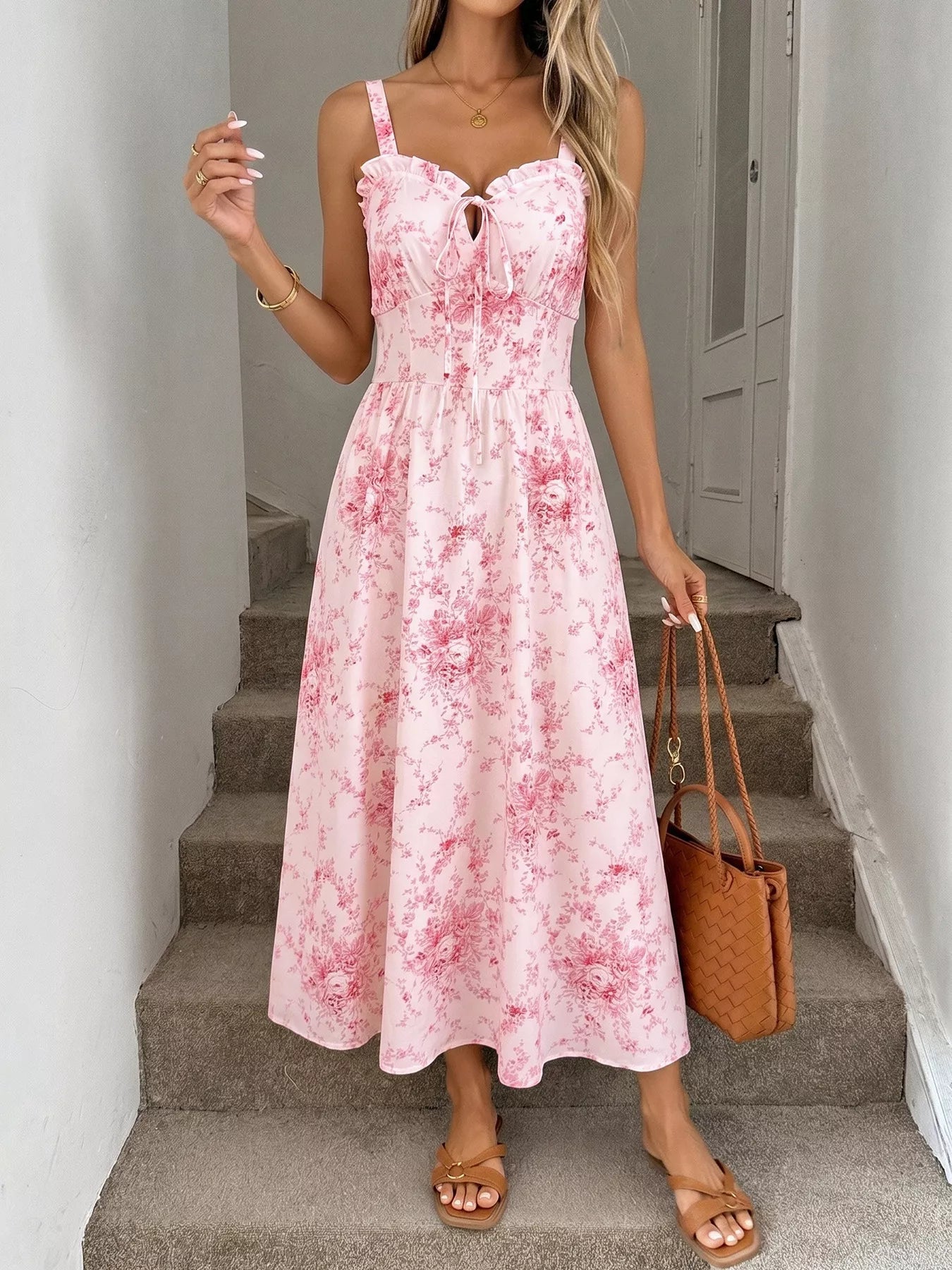 Floral Print Frill Trim Cami Dress