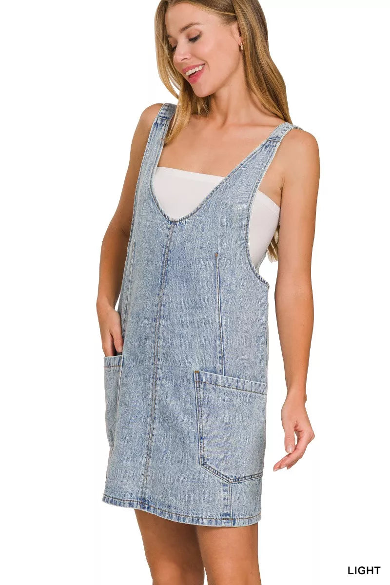Zenana Denim Overall Dress with Front Pockets