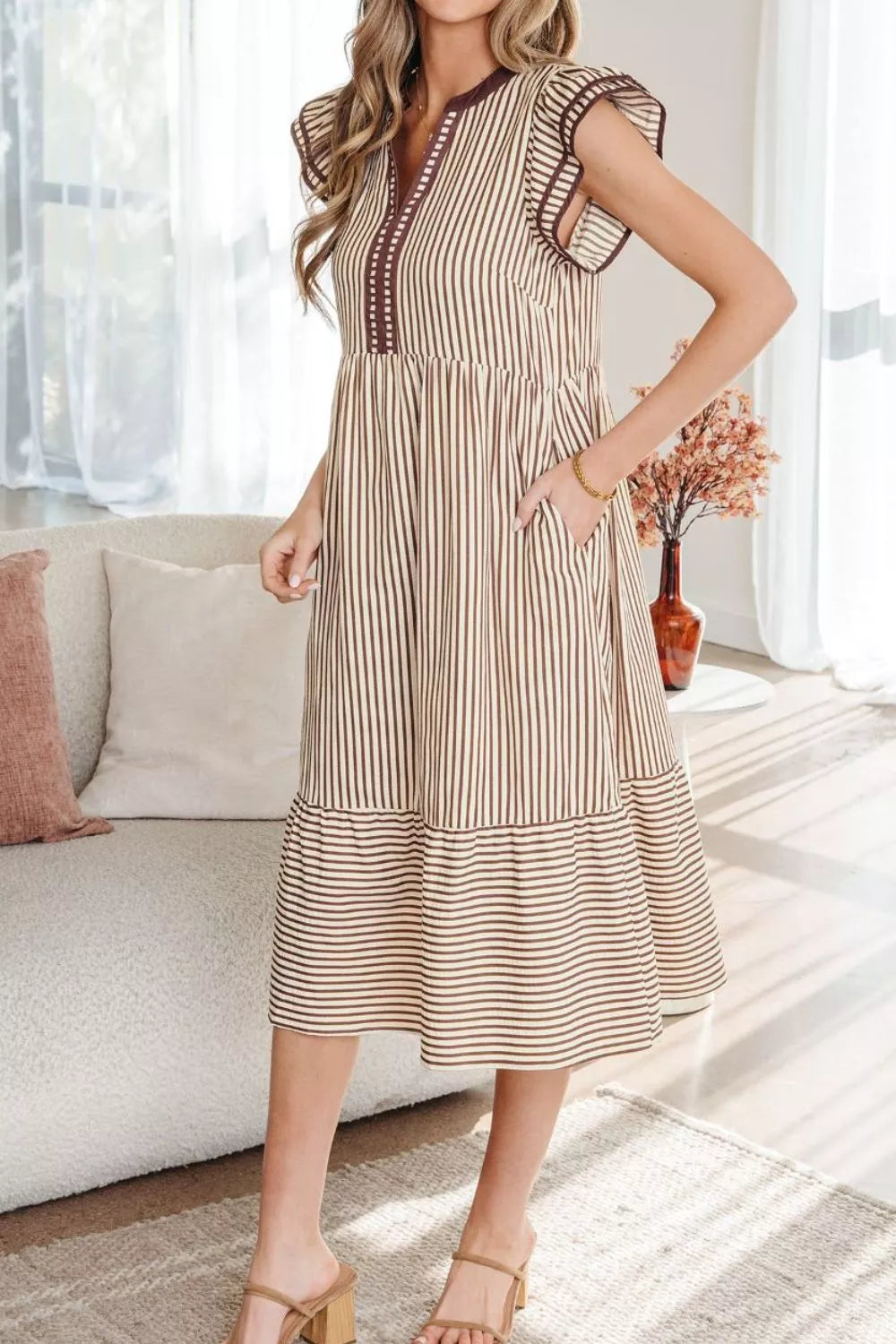 Stripe Plus Size Slit V Neck Tiered Flutter Sleeve Dress
