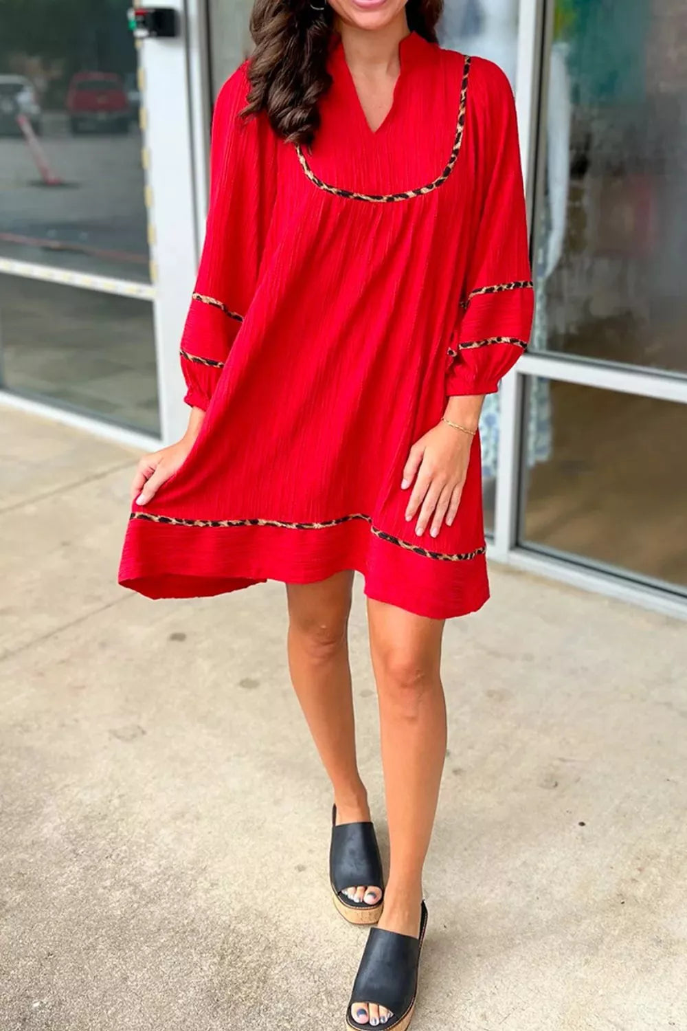 Notched Balloon Sleeve Dress