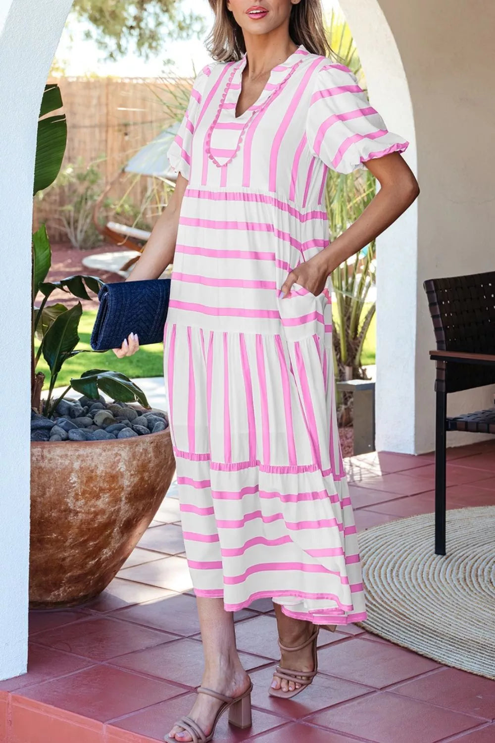 Stripe Ricrac Trim Notched Neck Half Sleeve Dress