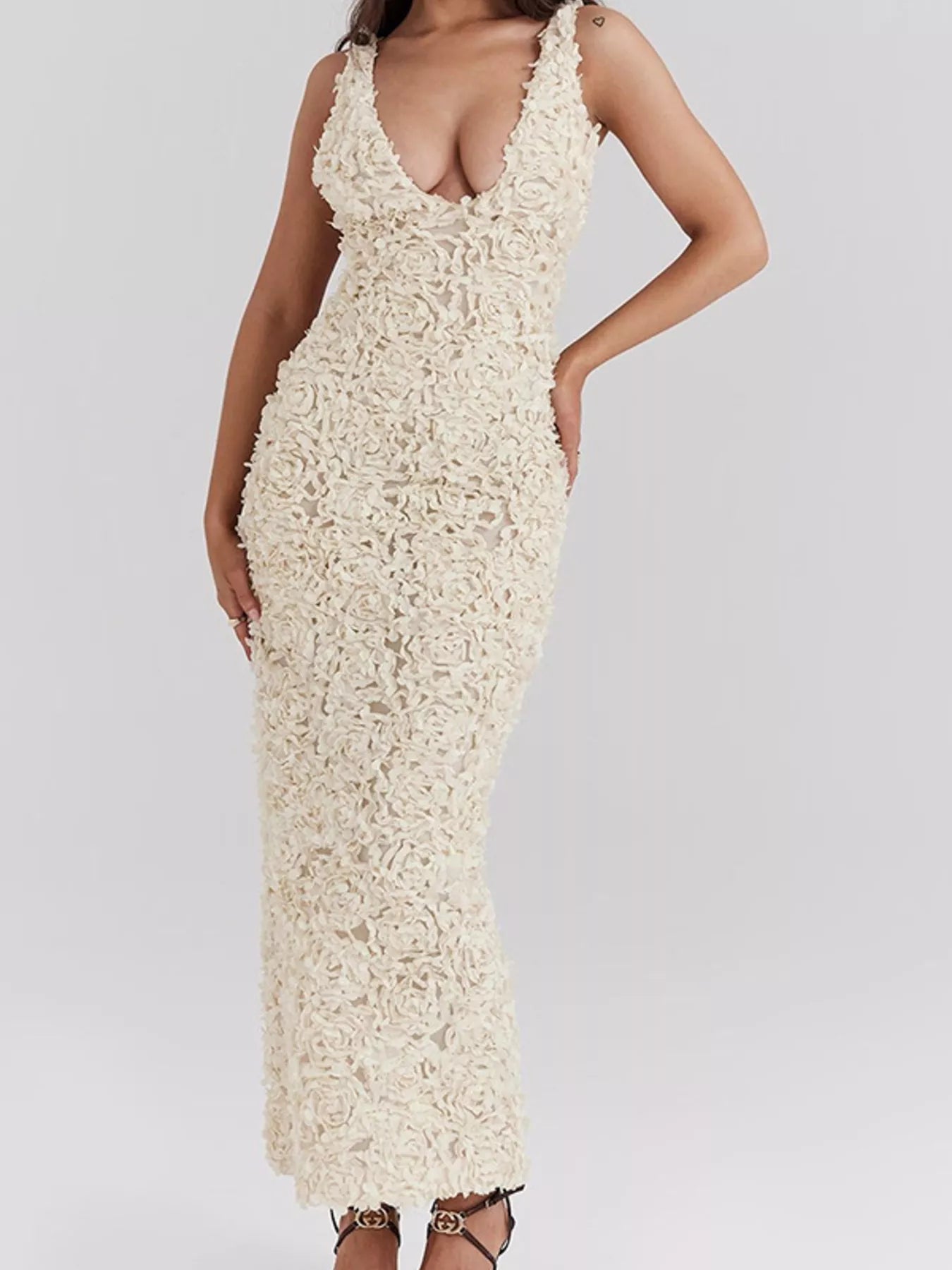 Floral Applique Deep V-Neck Maxi Dress