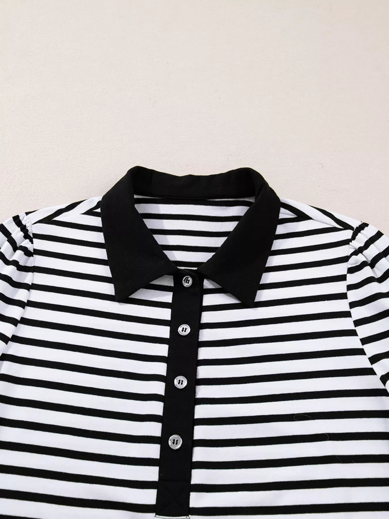 Stripe Buttoned Front Collared Long Sleeve T Shirt Dress with Pockets