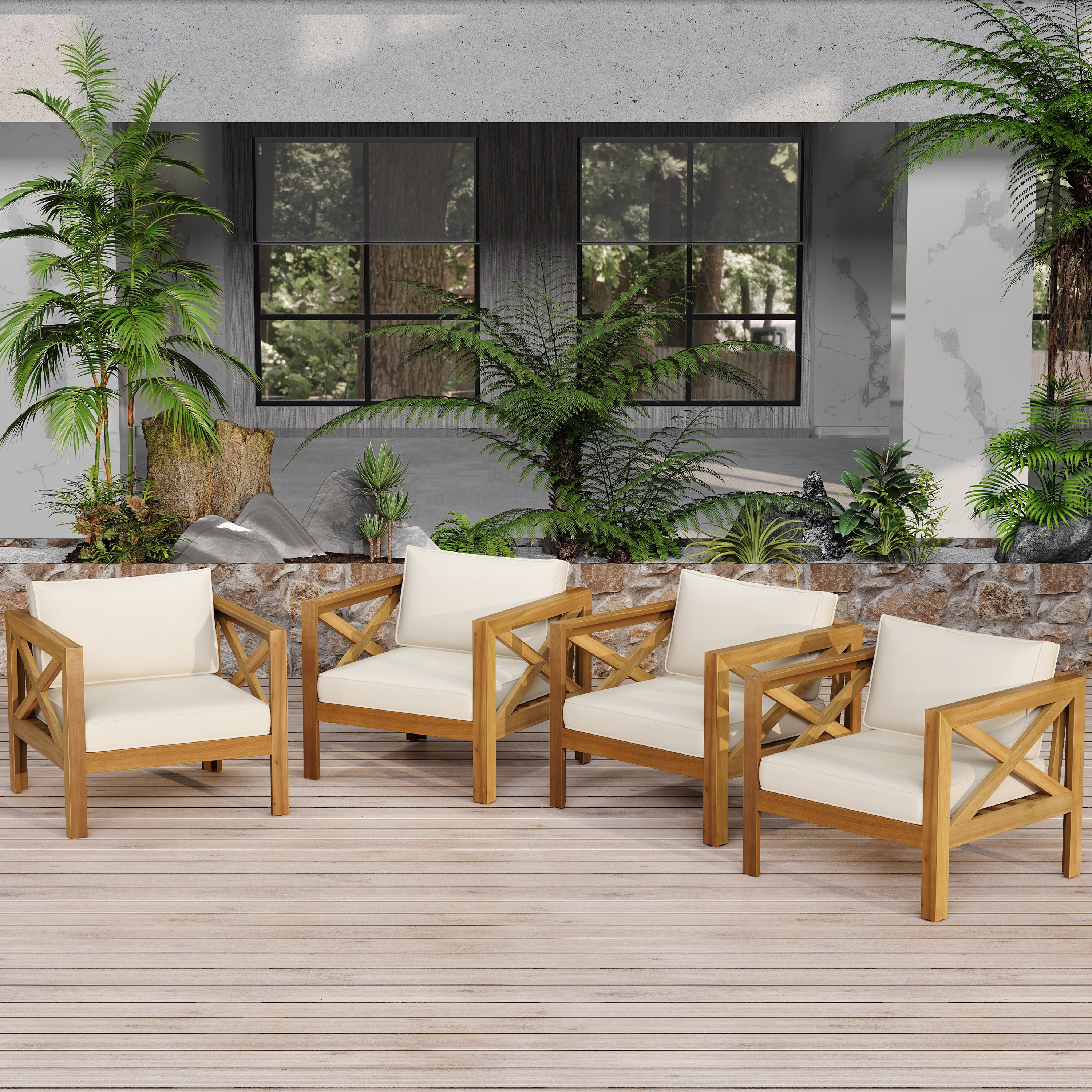 Outdoor Acacia Wood Club Wooden Armchair with Cushions (Set of 4)