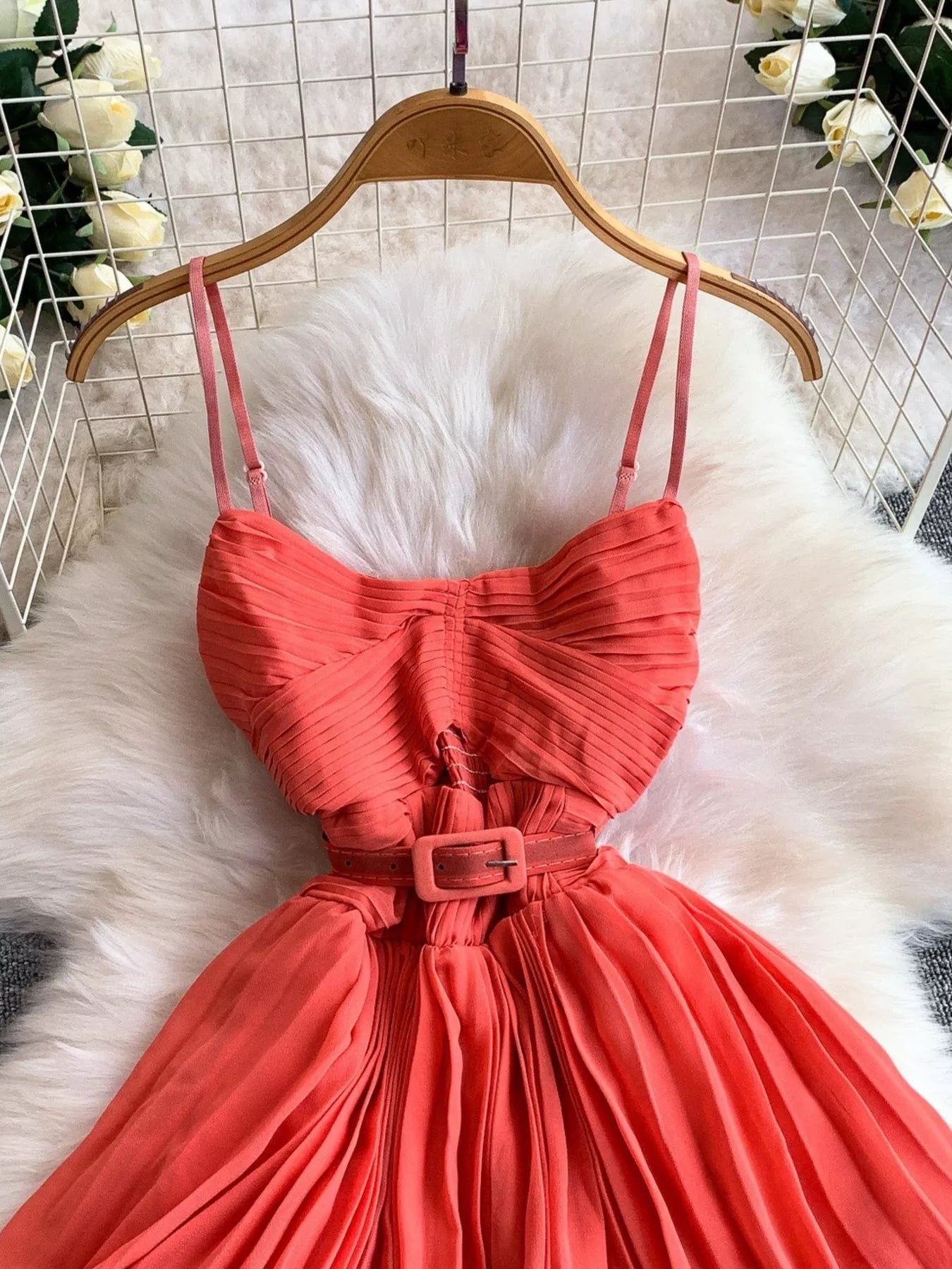 Pleated Layered Spaghetti Strap Midi Dress
