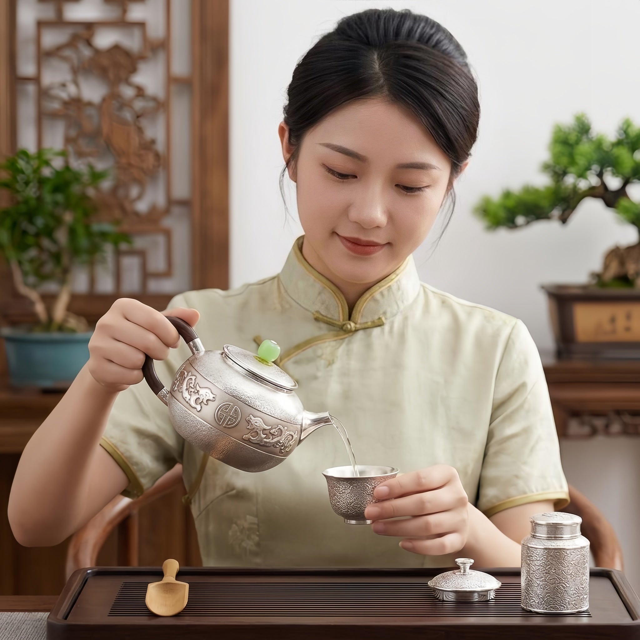 925 Sterling Silver Ornate Silver Dragon Teapot with Green Jade Finial and Elegant Wooden Handle - Handicraft