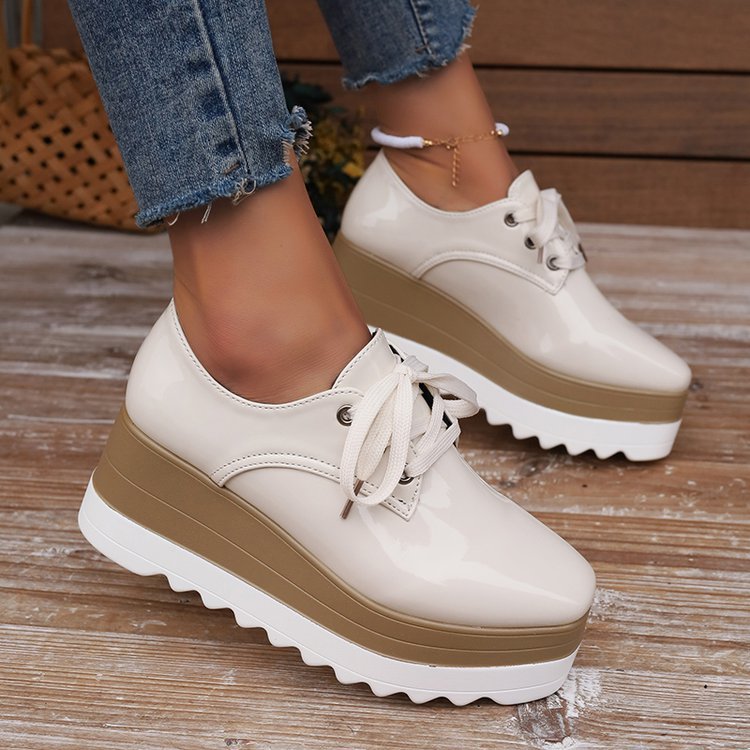 Womens Lace-up Square-toe Patent Leather Platform Wedge Heels