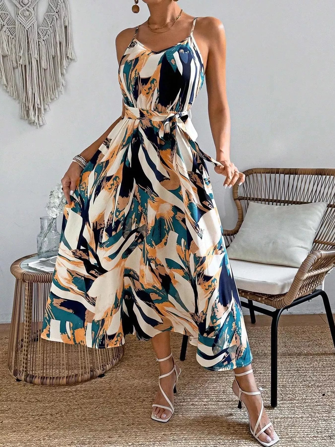 Abstract Print Tie Waist Cami Dress