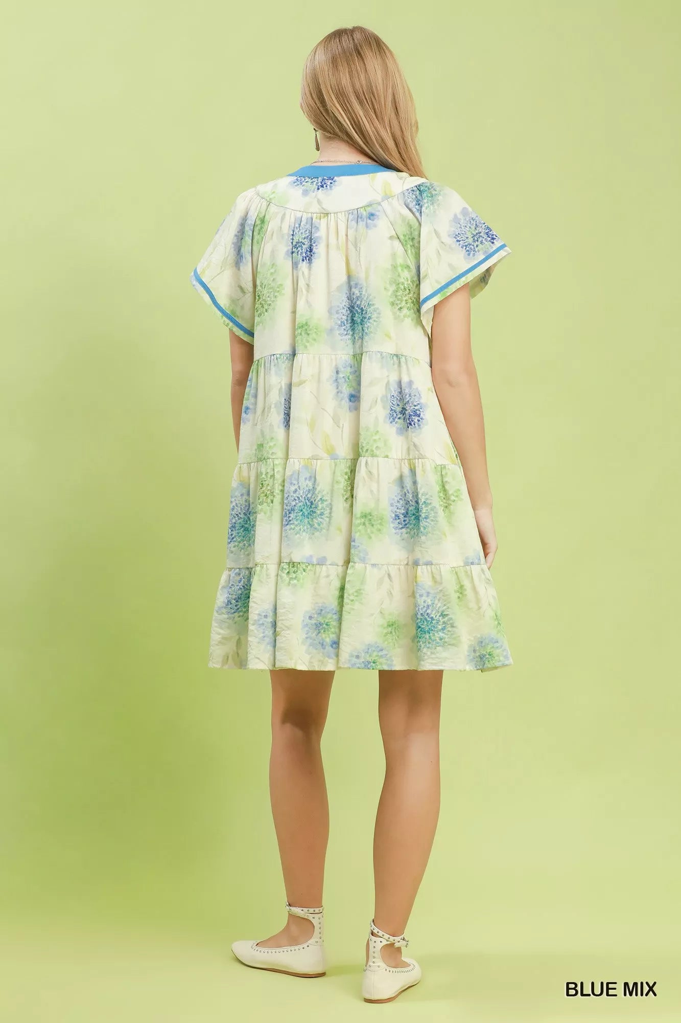 Umgee Floral Print Contrast Trim Tiered Babydoll Dress