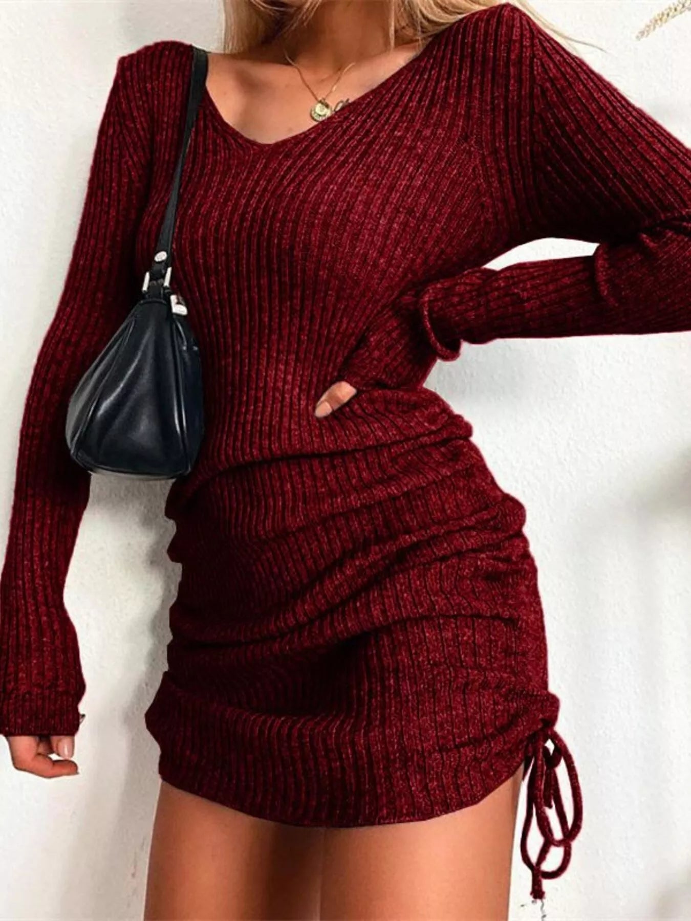 Full Size Ribbed Knit Drawstring Bodycon Sweater Dress Plus Size