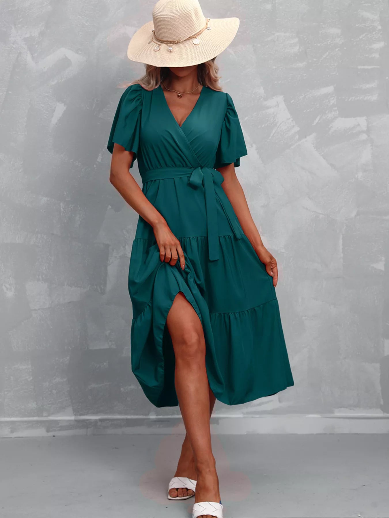 Flutter Sleeve Tiered Midi Dress