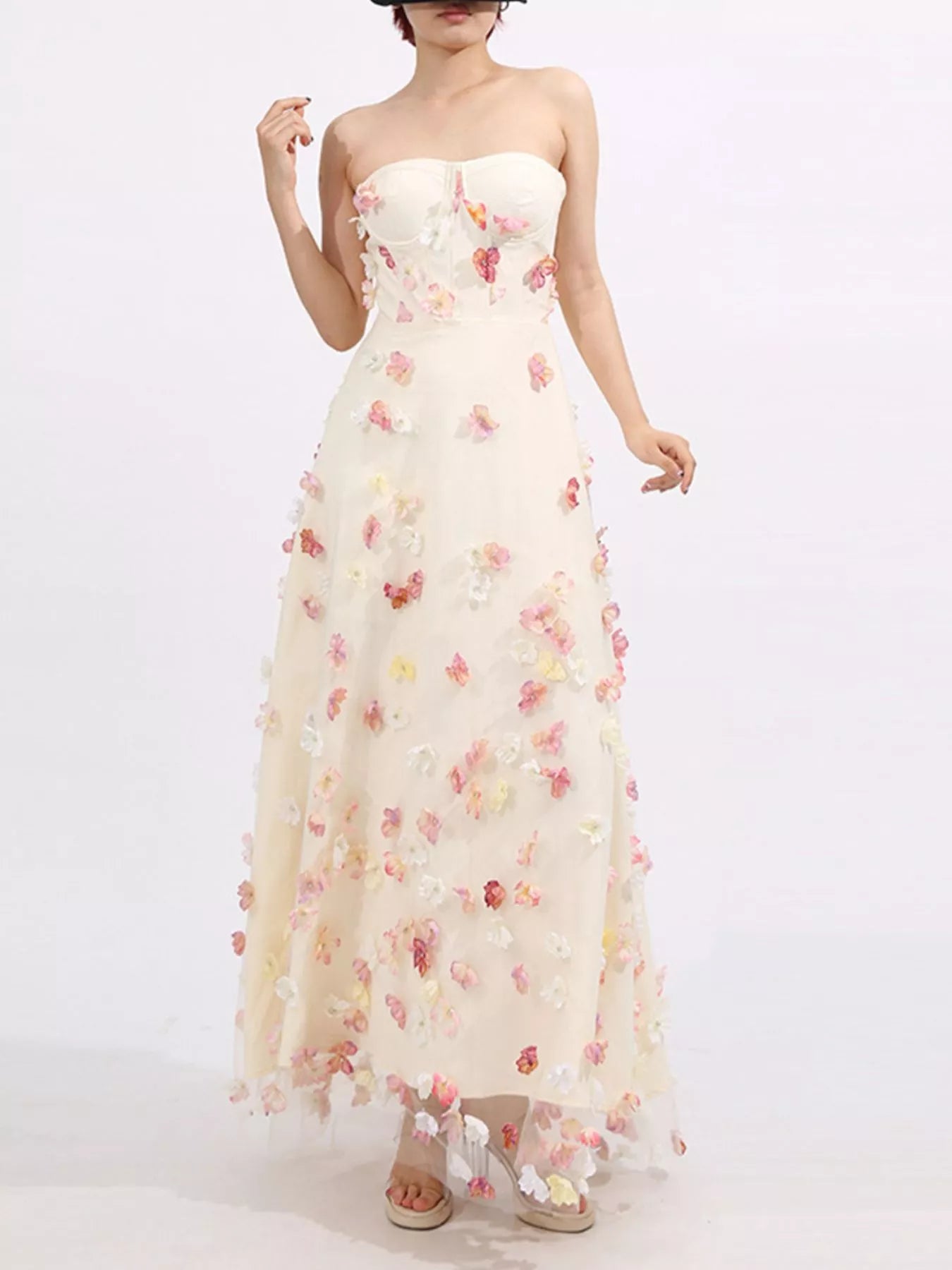 Floral Applique Strapless Tulle Maxi Dress