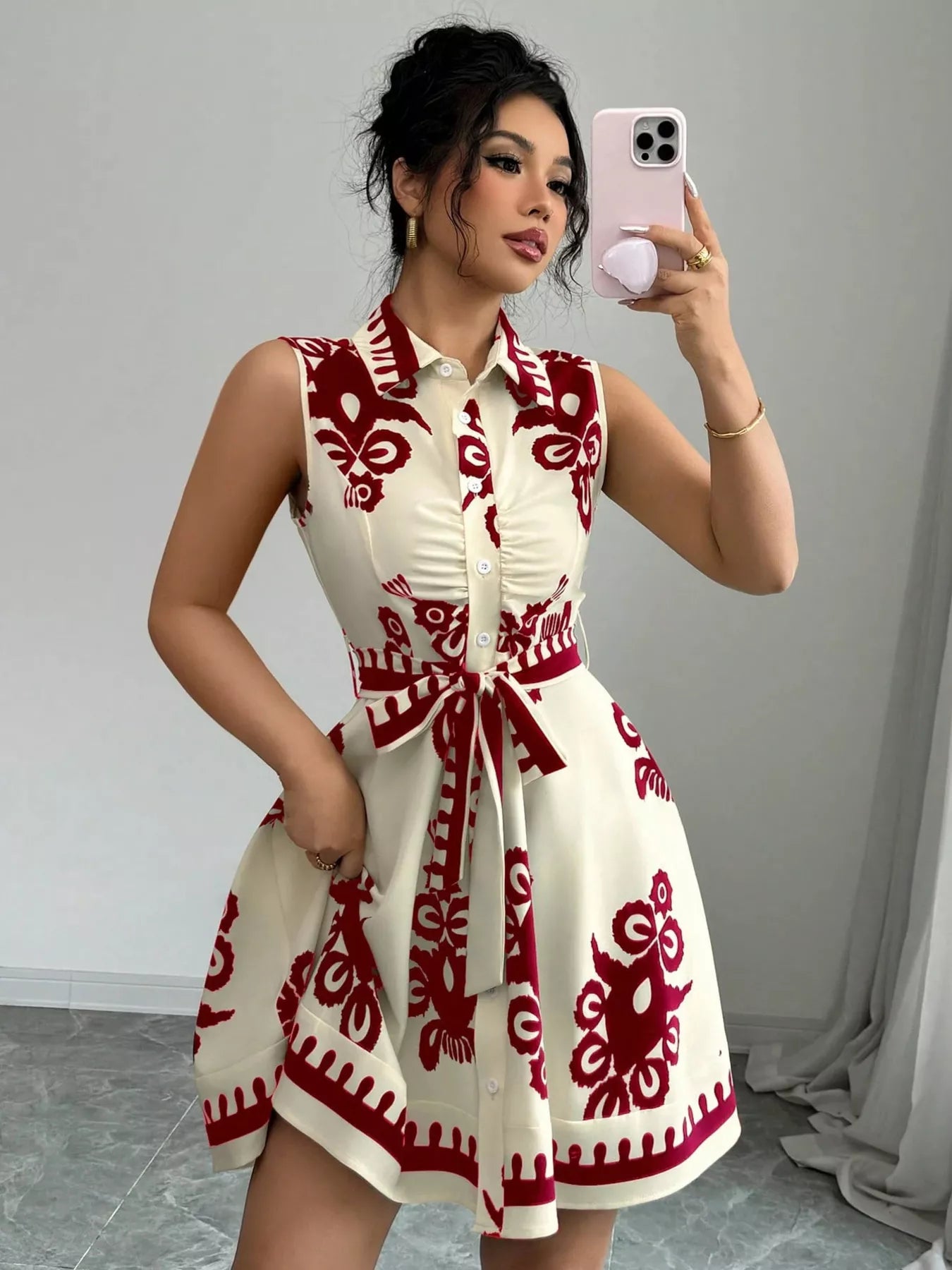 Sleeveless Ruched Printed Tie Waist Dress