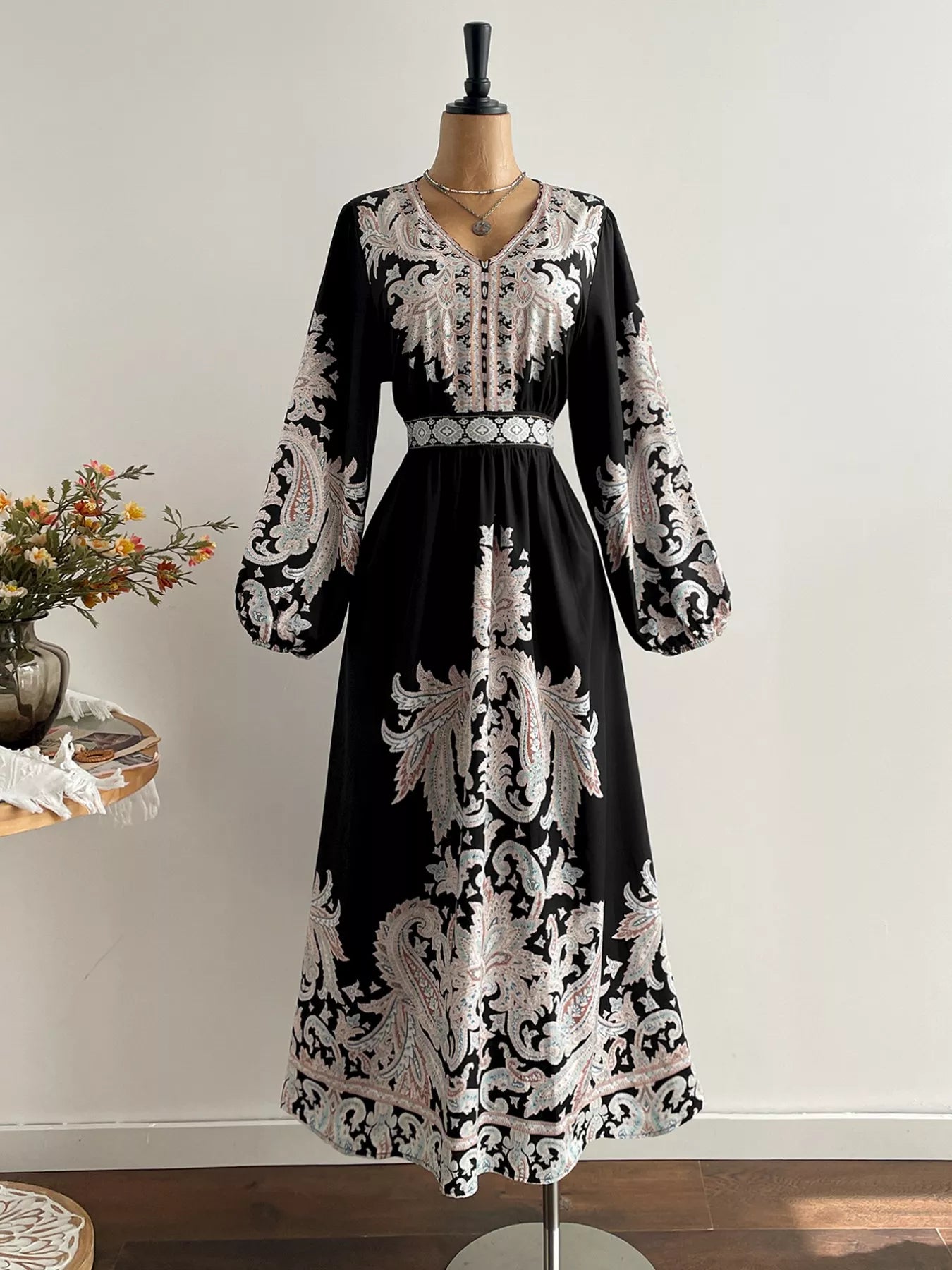 Plus Size Printed V-Neck Balloon Sleeve Dress