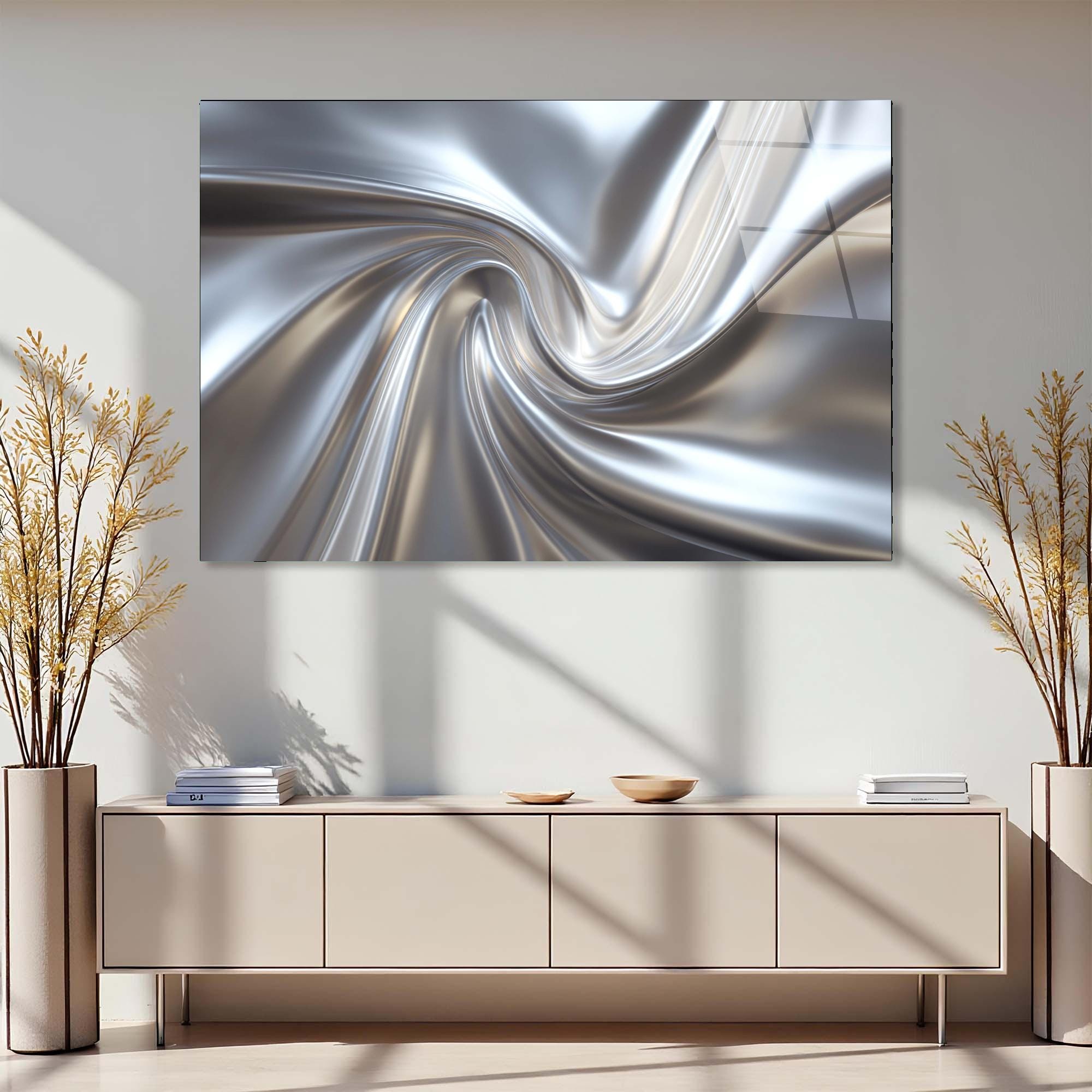 Abstract Silver Swirl Tempered Glass Wall Art | Modern Metallic Decor