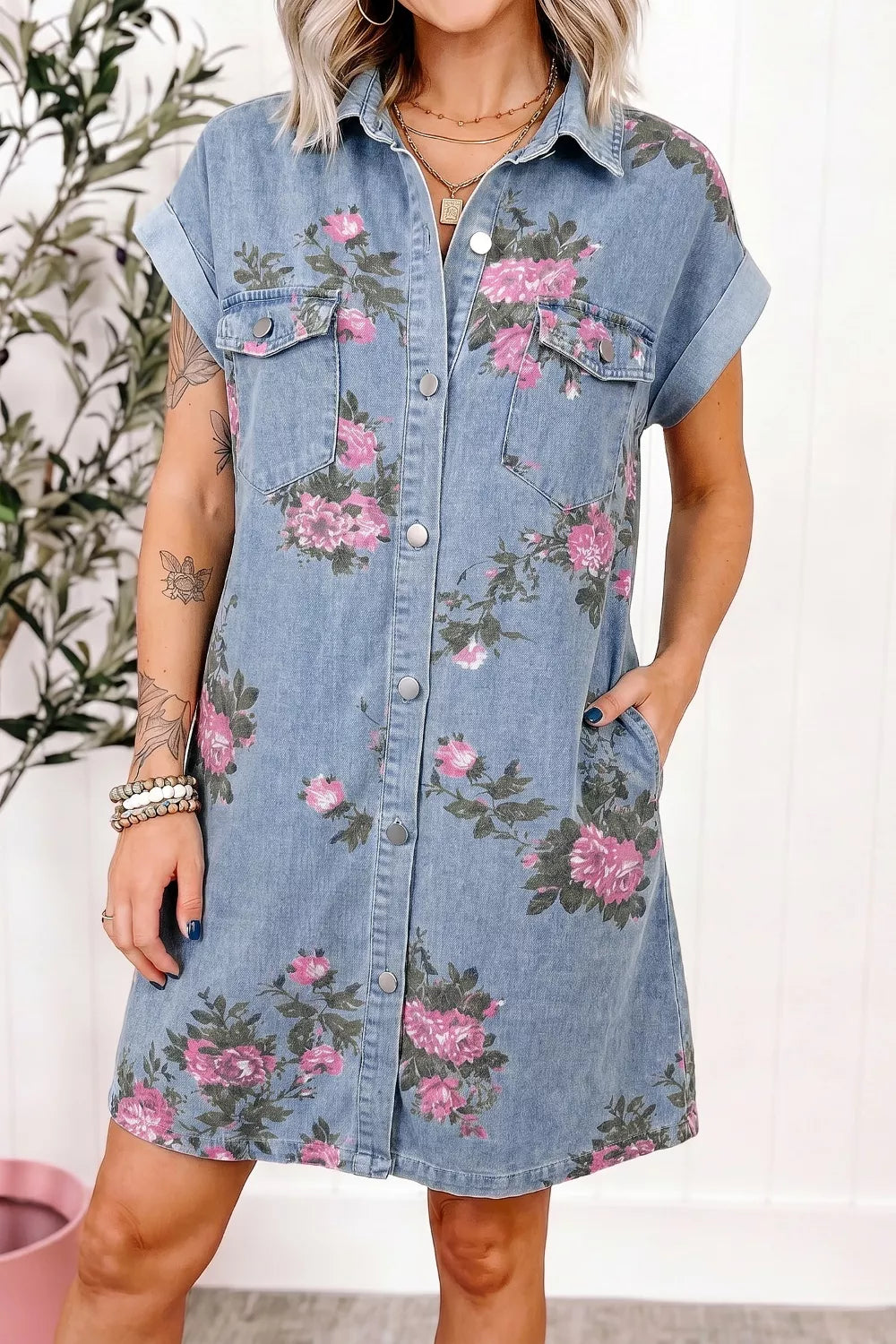 Floral Print Denim Shirt Dress