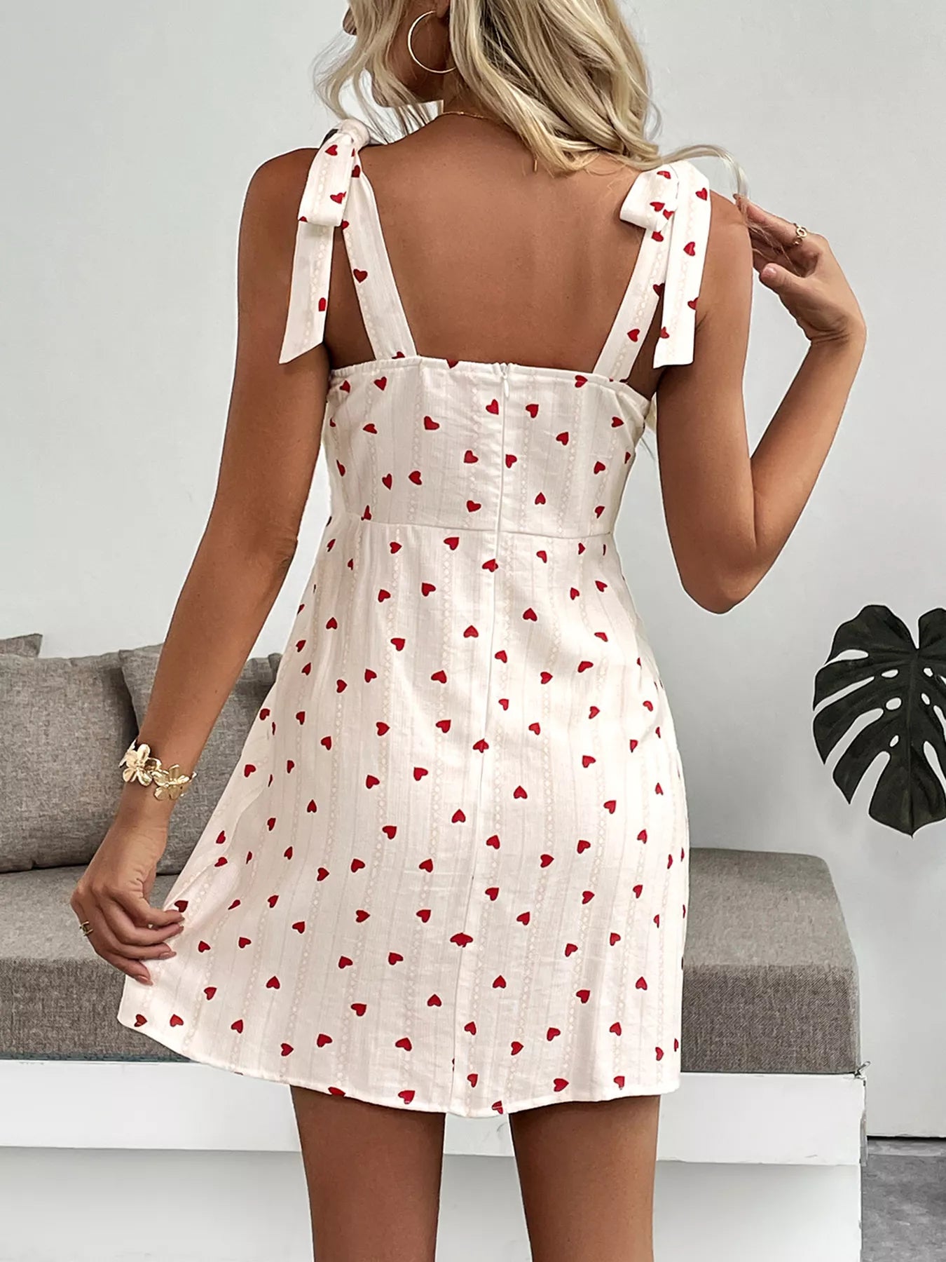 Heart Print Tie Shoulder A-Line Mini Dress