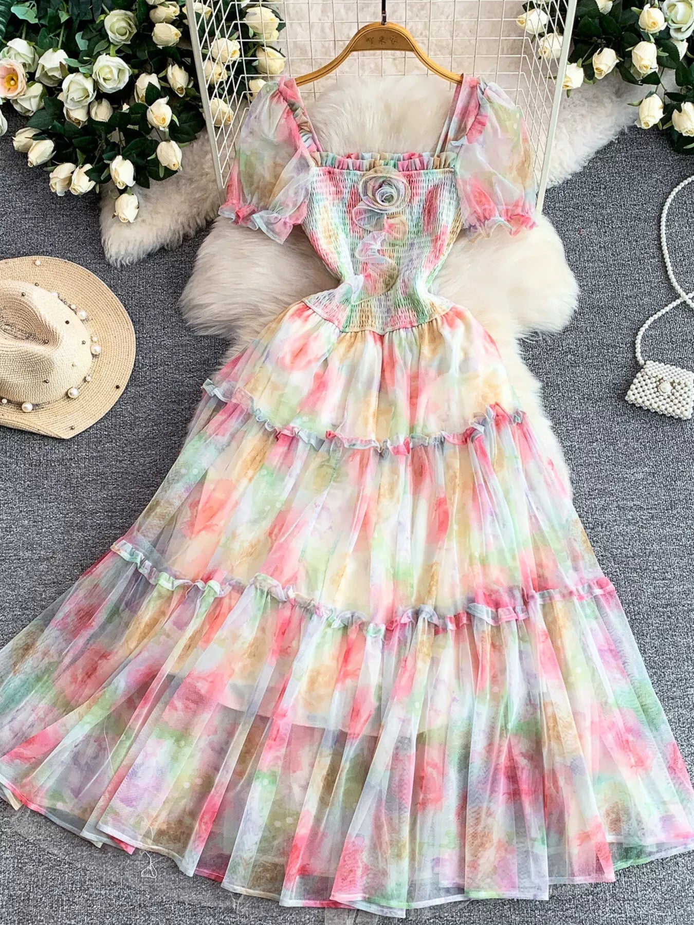 Smocked Floral Tiered Mesh Midi Dress