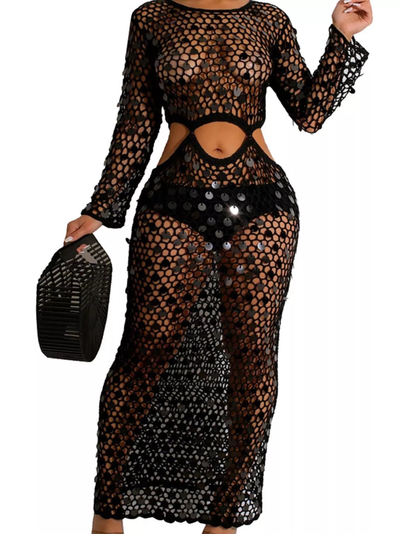 Sequin Mesh Cutout Maxi Dress