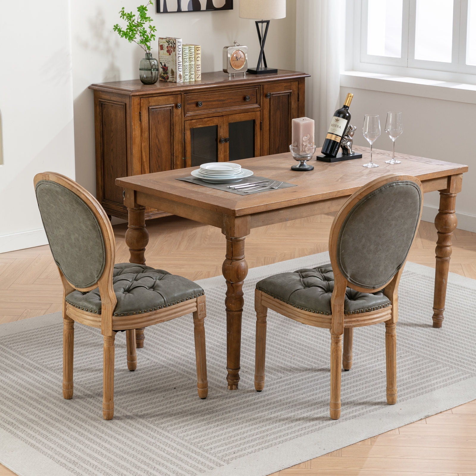 French Style Solid Wood Frame Antique Painting, Hand-Pulled Buckle Decoration Artificial Dining Chair With Nailhead Trim, Wood Legs
