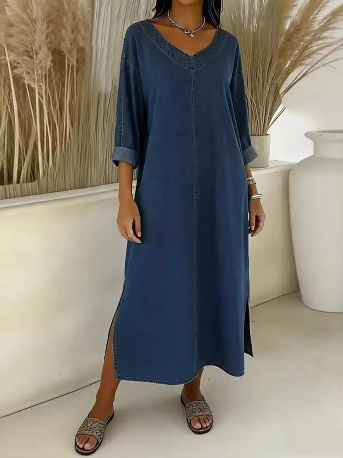 Side Slit V-Neck Midi Dress
