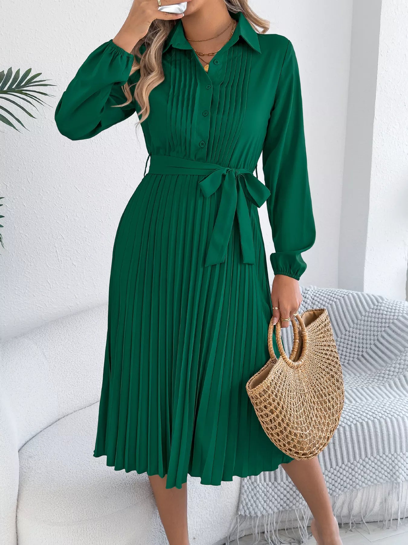 Pleated Tie Waist Balloon Sleeve Dress