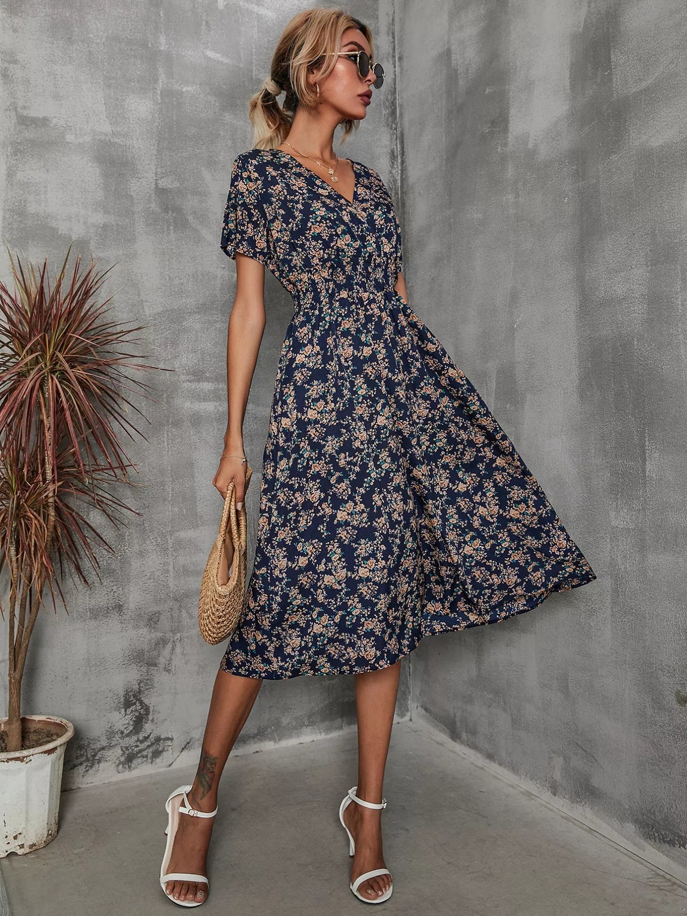 Printed Short Sleeve Midi Dress