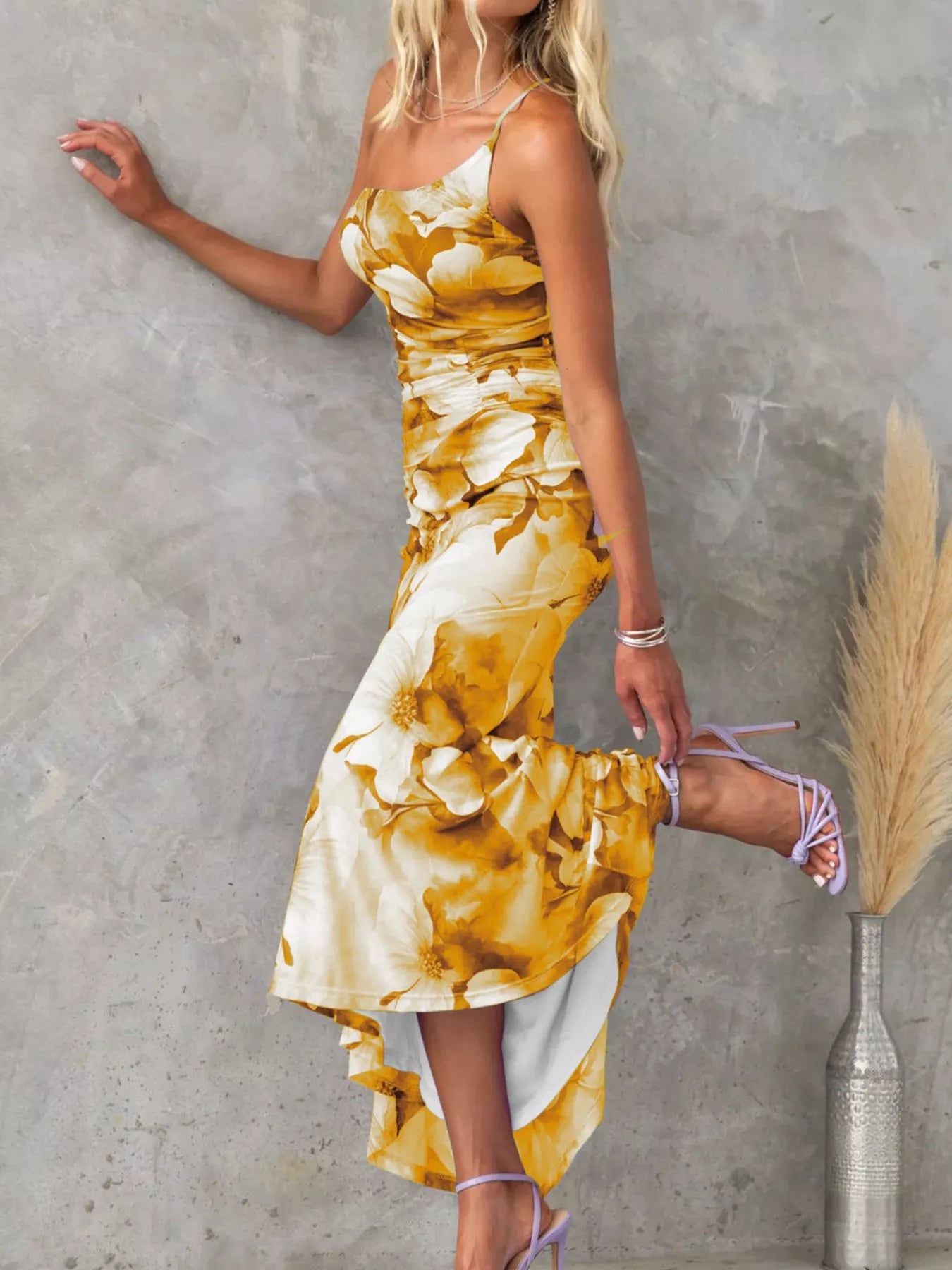 Floral Print One-Shoulder Ruched Maxi Dress