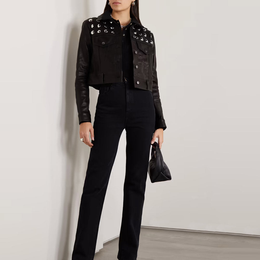 Women's Black Shearling Studded Textured Cropped Leather Jacket