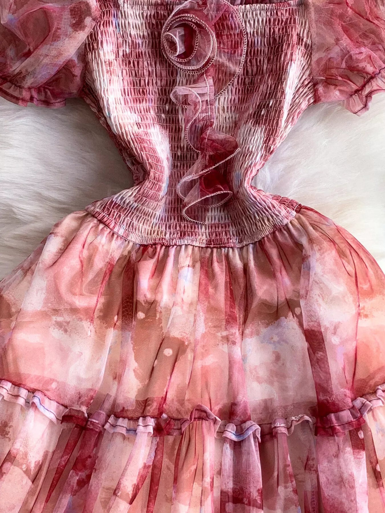Smocked Floral Tiered Mesh Midi Dress