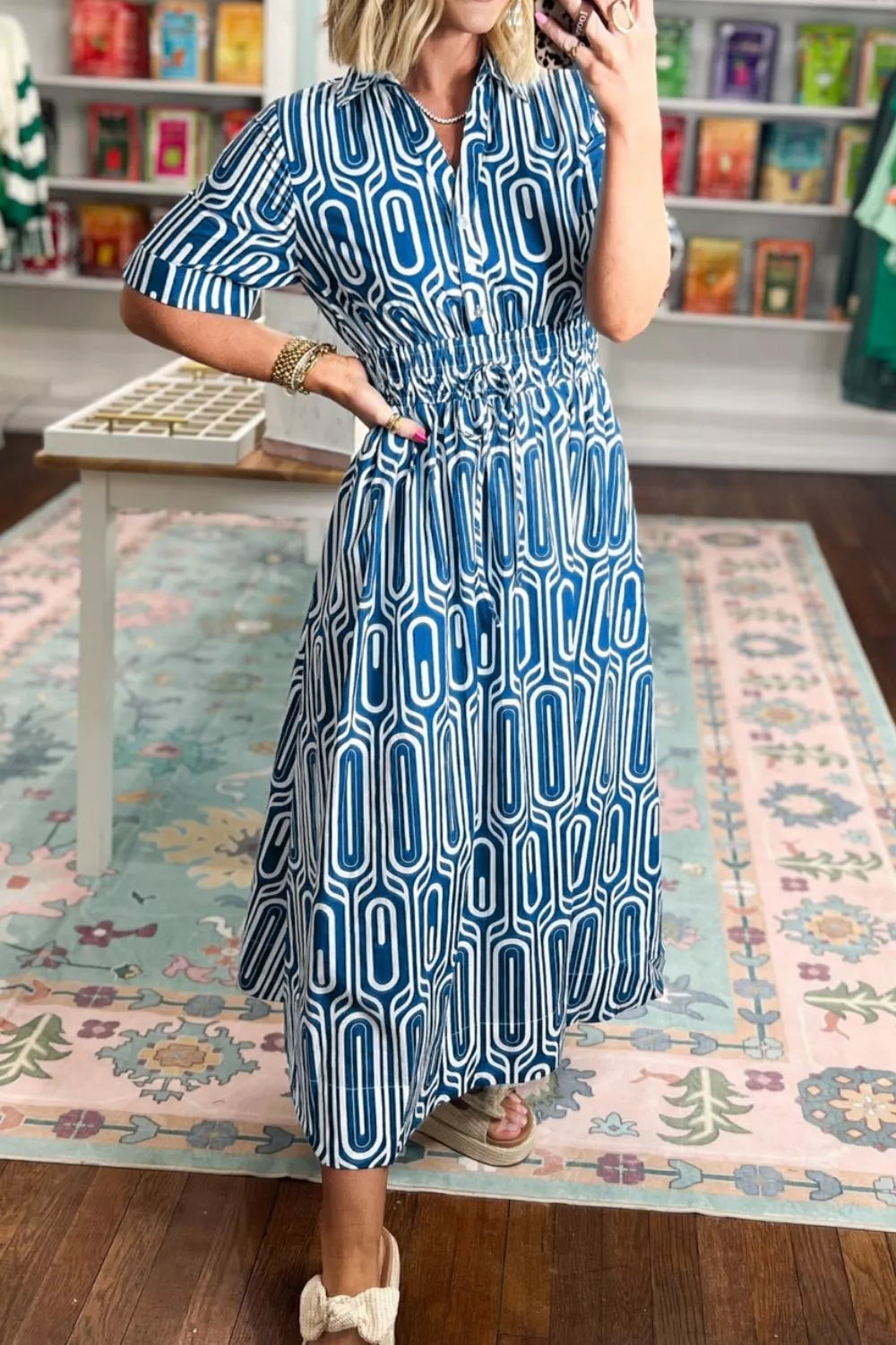 Geometric Print Short Sleeve Drawstring Shirt Collar Dress
