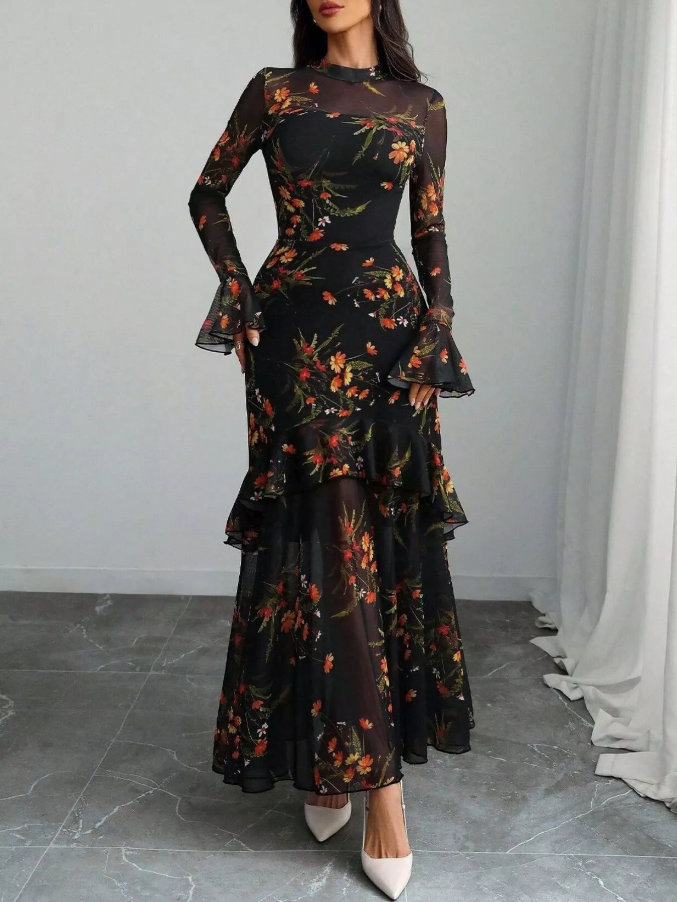 Floral Print Flounce Sleeve Mermaid Maxi Dress