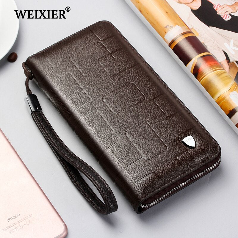 WEIXIER New Genuine Leather Clutch Cellphone Long Wallet Men's Simple Multifunctional Cow Leather Zipper Money Business bag