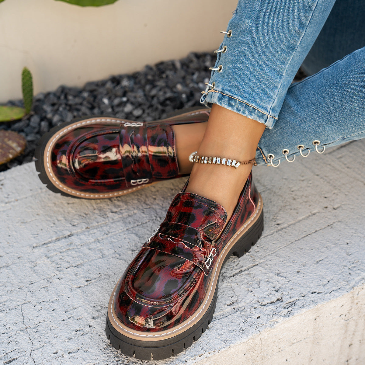 New Autumn Leather Belt-Buckle Patent Leather Leopard-Print Vintage Womens Shoes